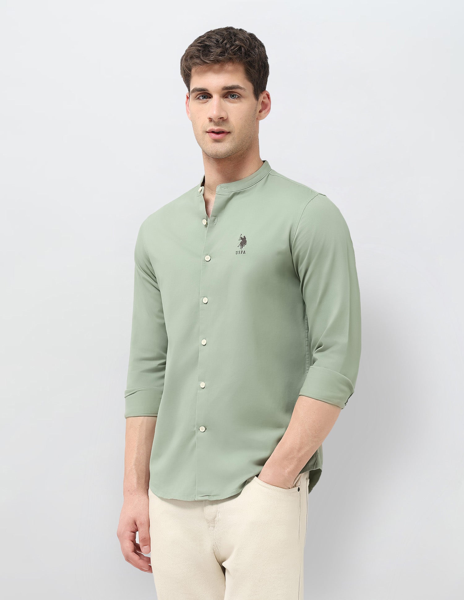 Solid Twill Regular Fit Shirt Light Green - U.S. Polo Assn. India | Large
