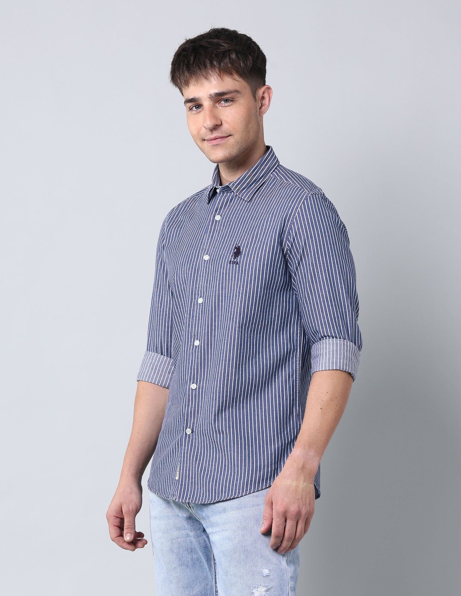 Vertical Striped Pure Cotton Shirt Indigo - U.S. Polo Assn. India | Large