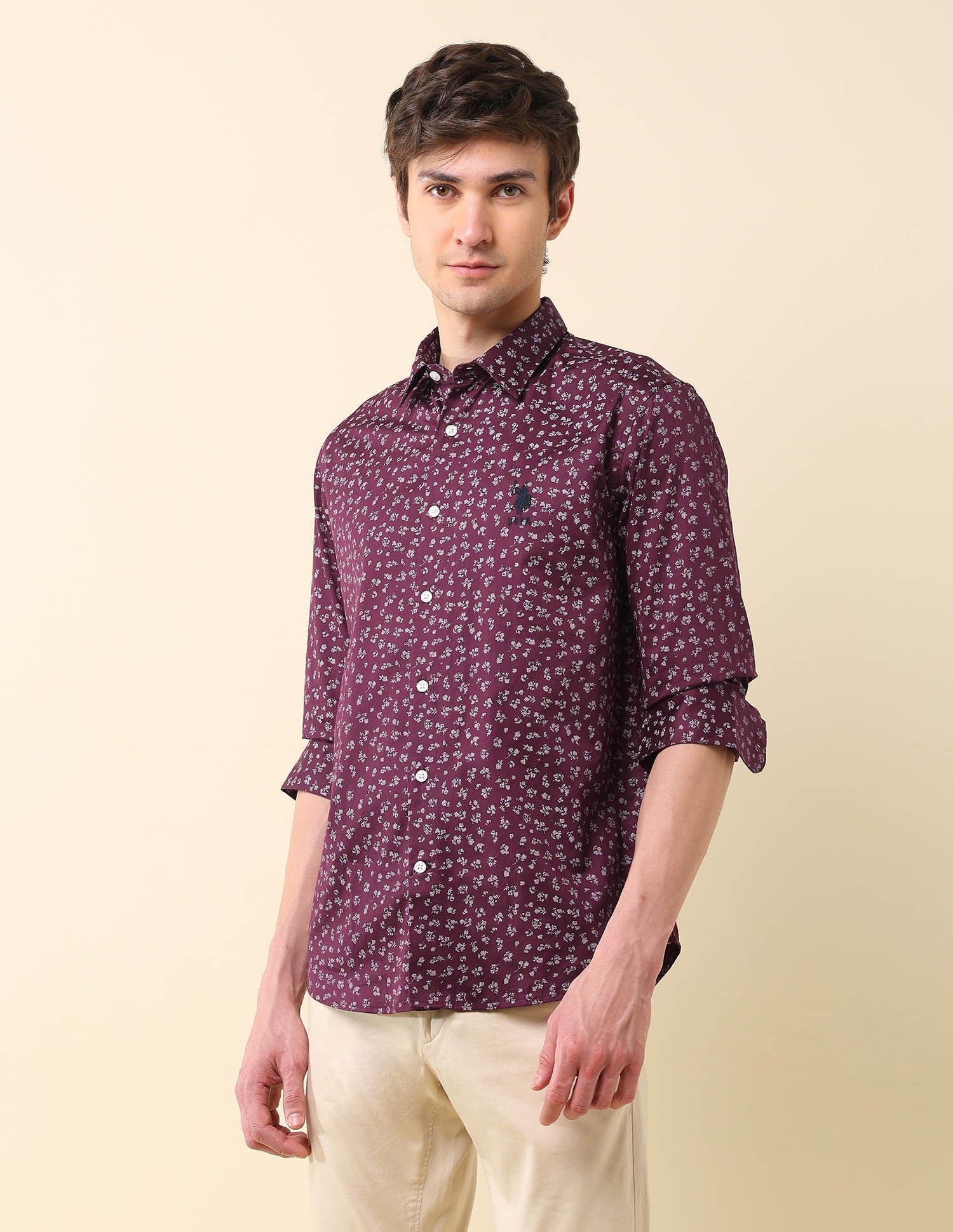 Floral Printed Pure Cotton Shirt Maroon - U.S. POLO ASSN. | Large