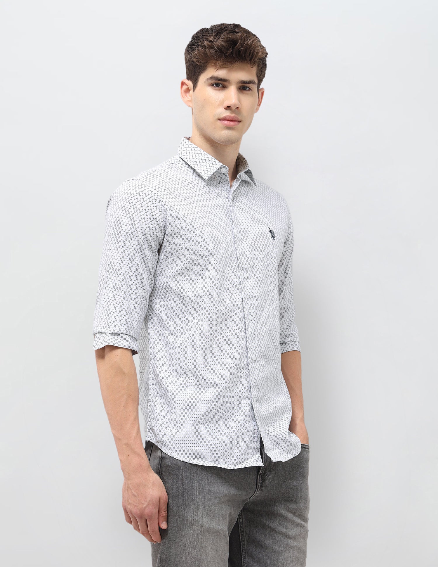 Tailored Fit Geometric Printed Shirt Light Grey - U.S. Polo Assn. India | Large
