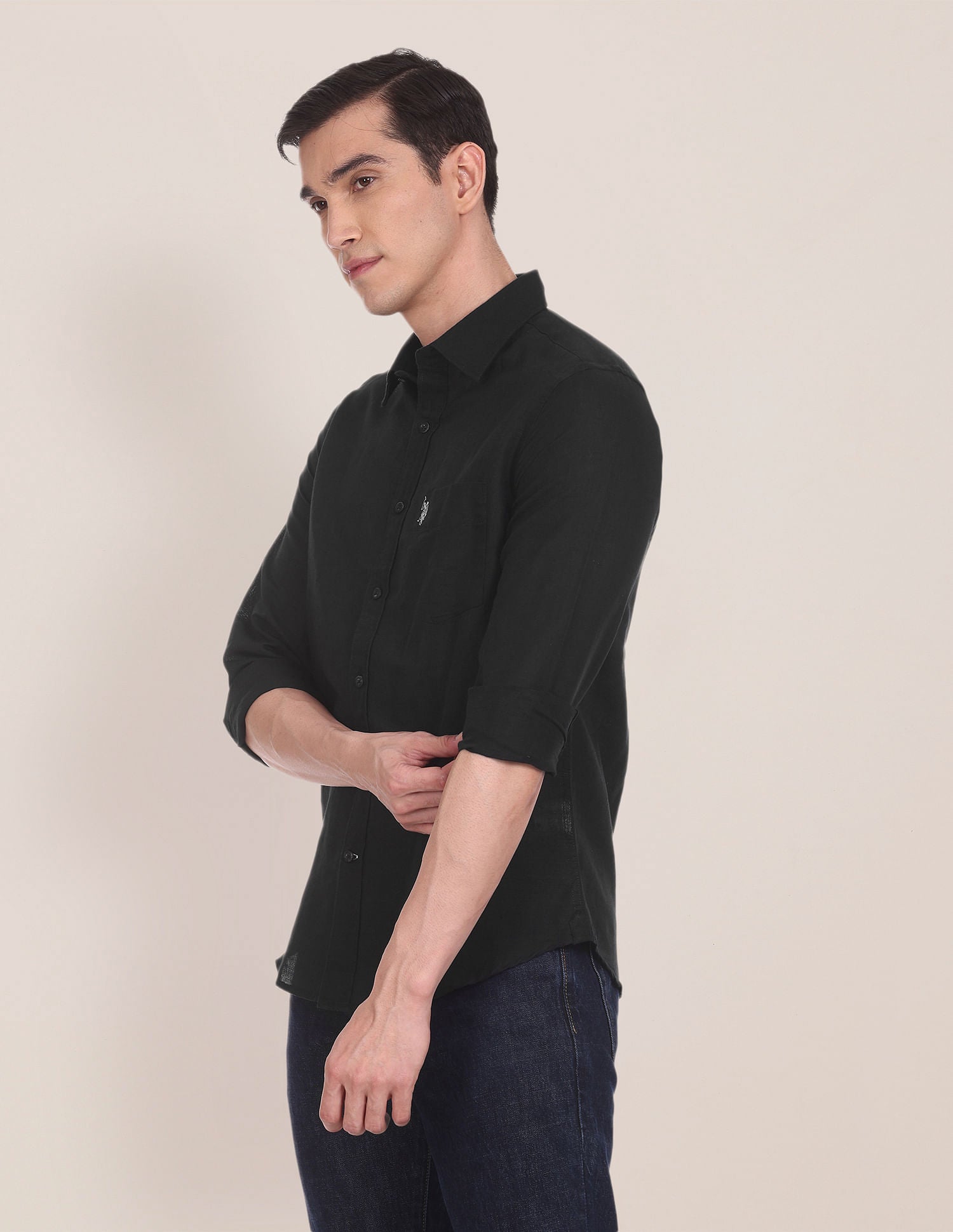 Men Black Spread Collar Solid Casual Shirt Black - U.S. POLO ASSN. | Large