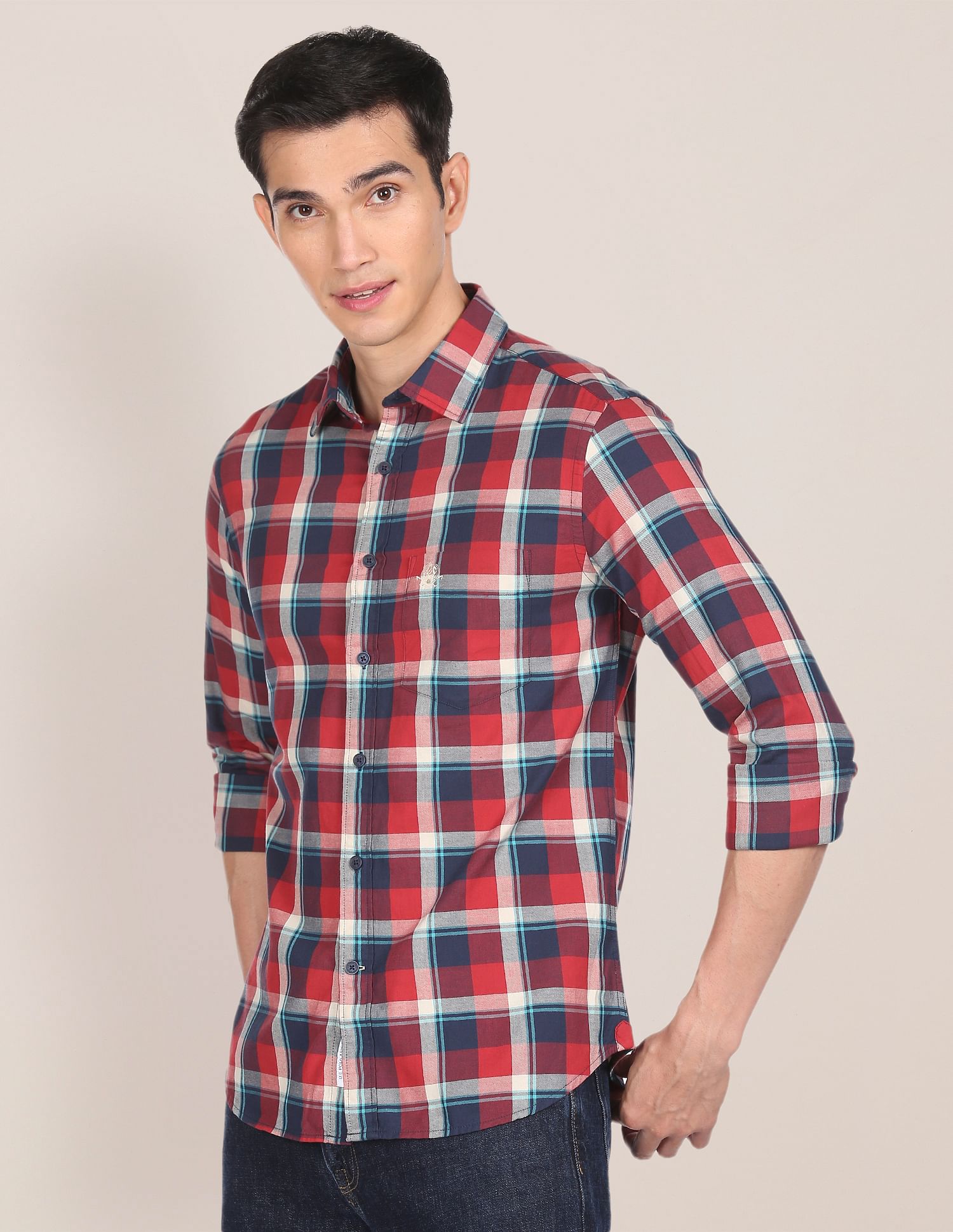 Men Dark Red Regular Fit Check Casual Shirt Dark Red - U.S. POLO ASSN. | Large