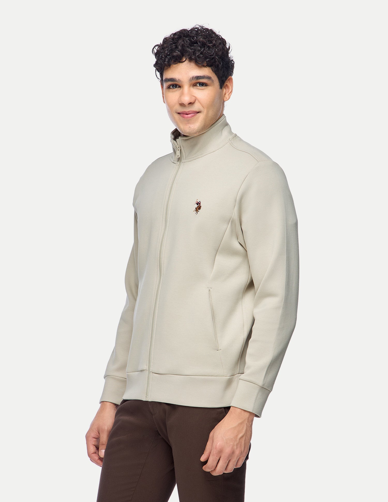 Solid Regular Fit Zipper Sweatshirt Beige - U.S. Polo Assn. India | Large