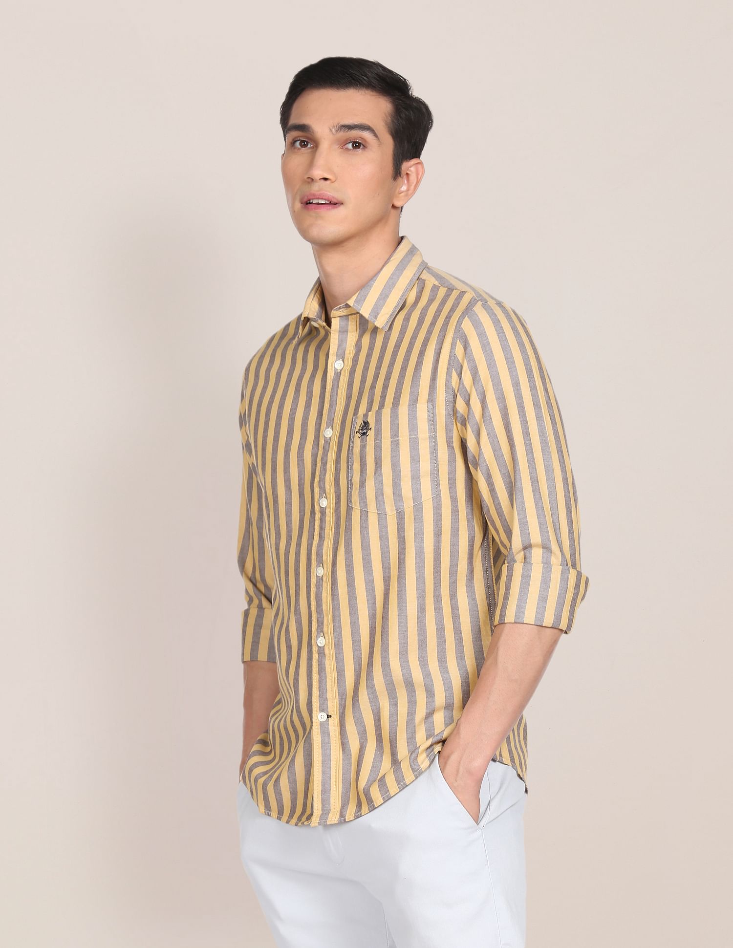Men Yellow And Grey Pure Cotton Striped Casual Shirt Yellow and Grey - U.S. POLO ASSN. | Large