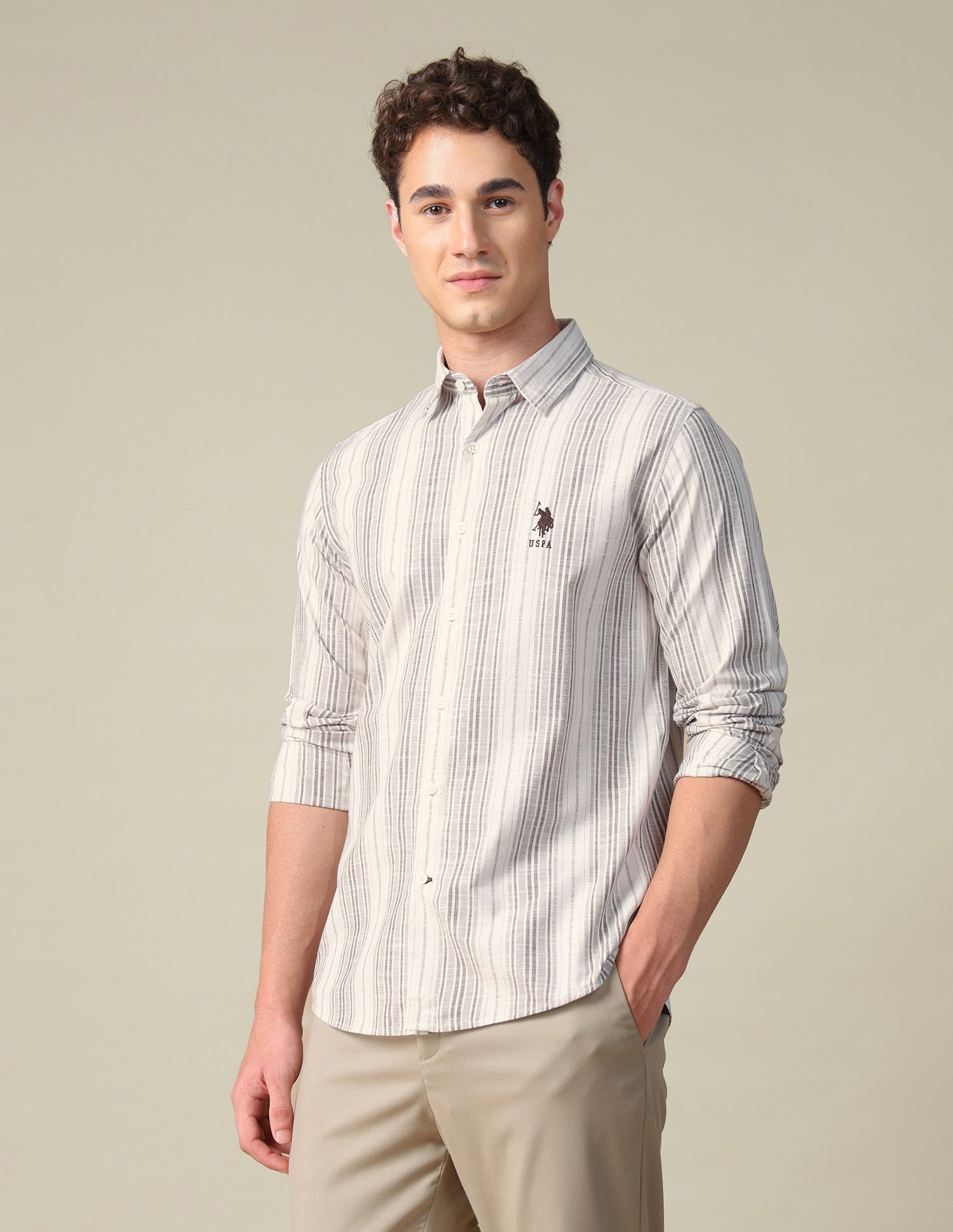 Vertical Striped Regular Fit Shirt Beige - U.S. Polo Assn. India | Large