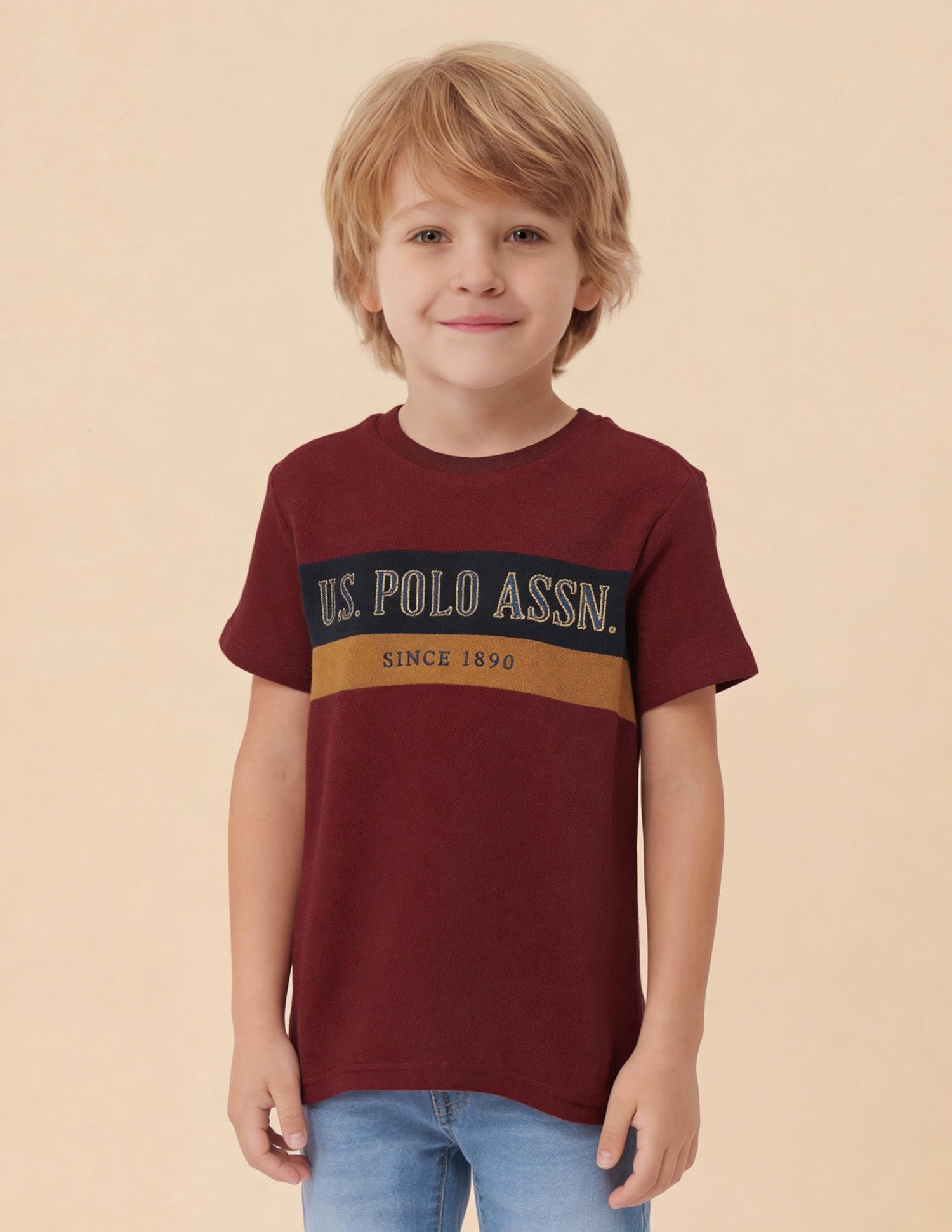 Boys Colour blocked Brand Embroidered T-Shirt Dark Red - U.S. Polo Assn. India | Large