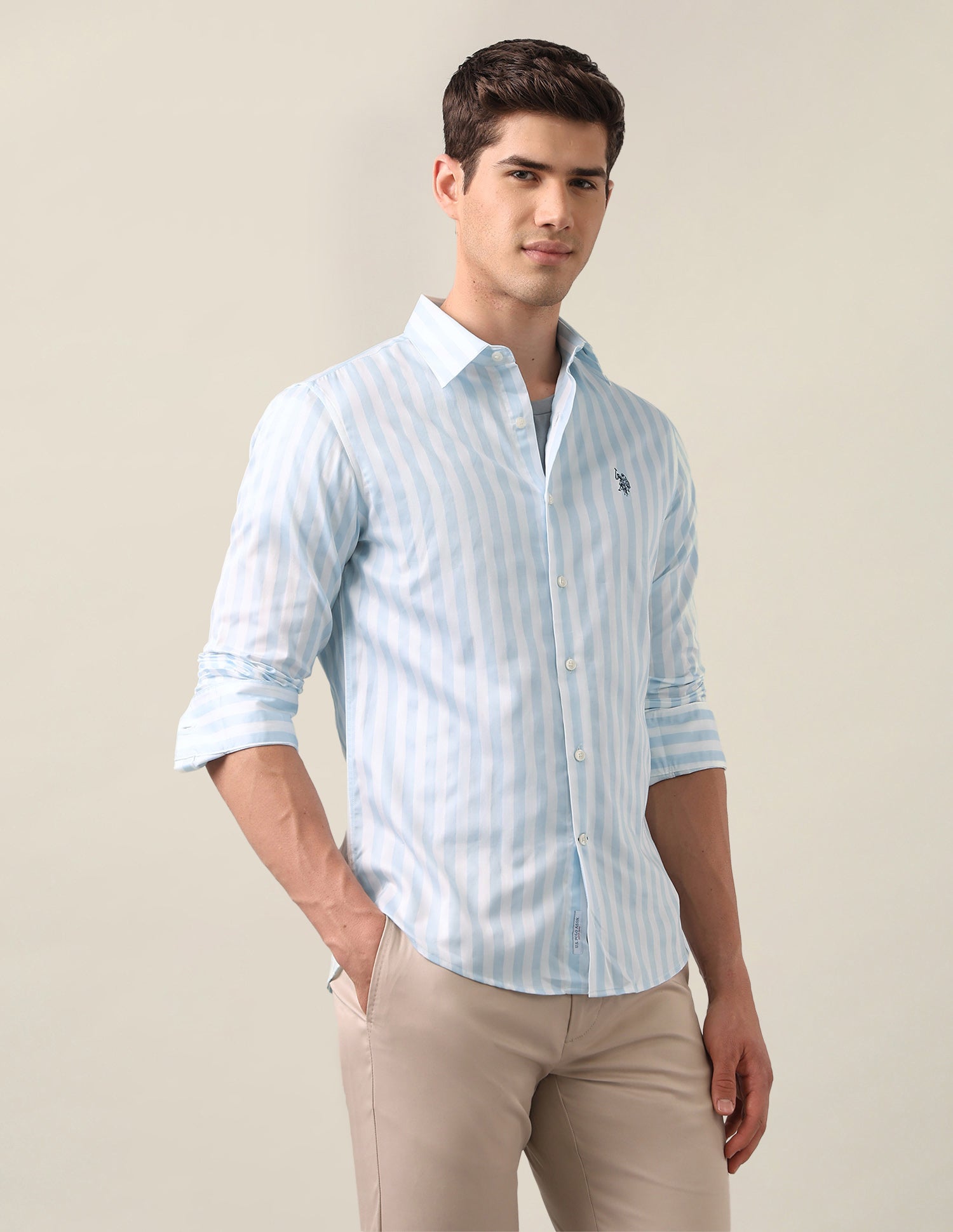 Vertical Striped Satin Shirt Light Blue - U.S. Polo Assn. India | Large