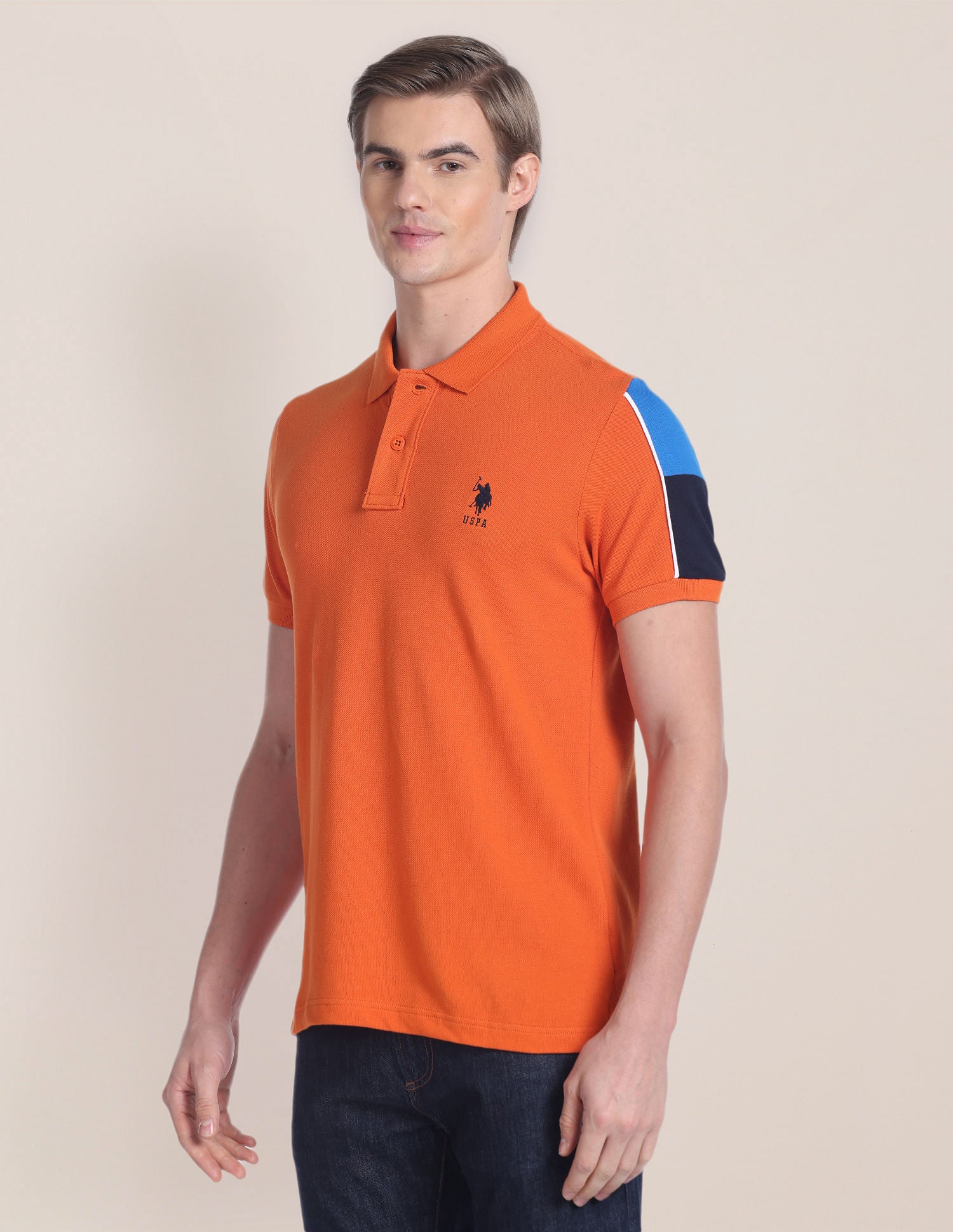 Panelled Sleeve Solid Polo Shirt Orange - U.S. POLO ASSN. | Large