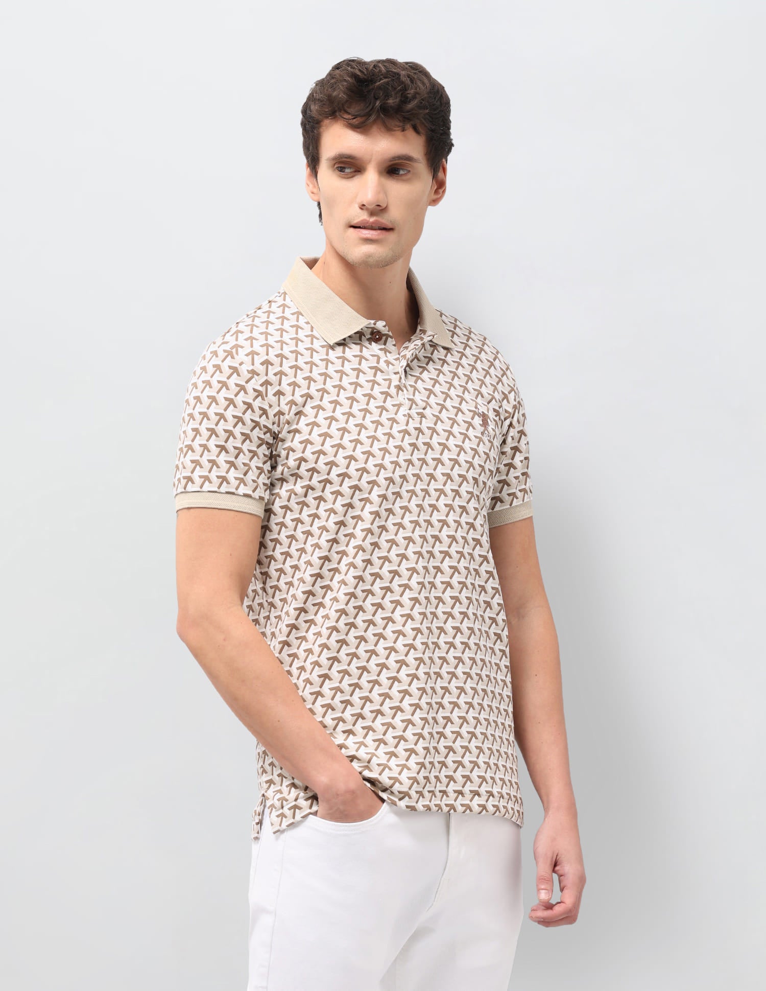 Geometric Printed Slim Fit Polo Shirt Beige - U.S. Polo Assn. India | Large