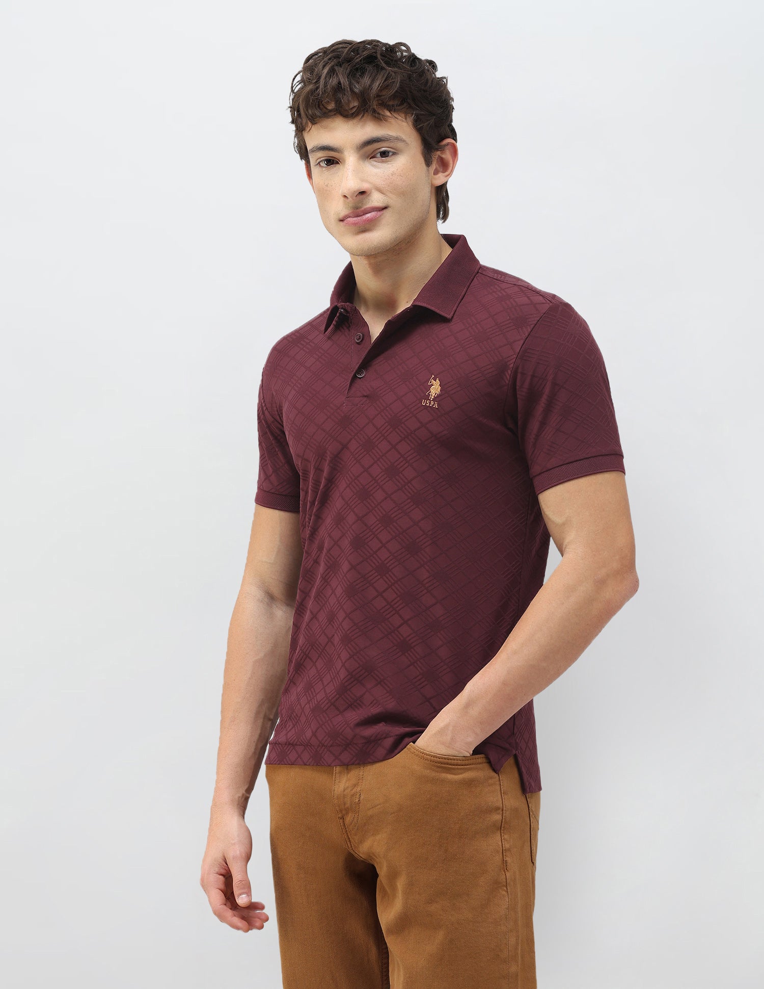 Geometric Patterned Knit Slim Fit Polo Shirt Wine - U.S. Polo Assn. India | Large