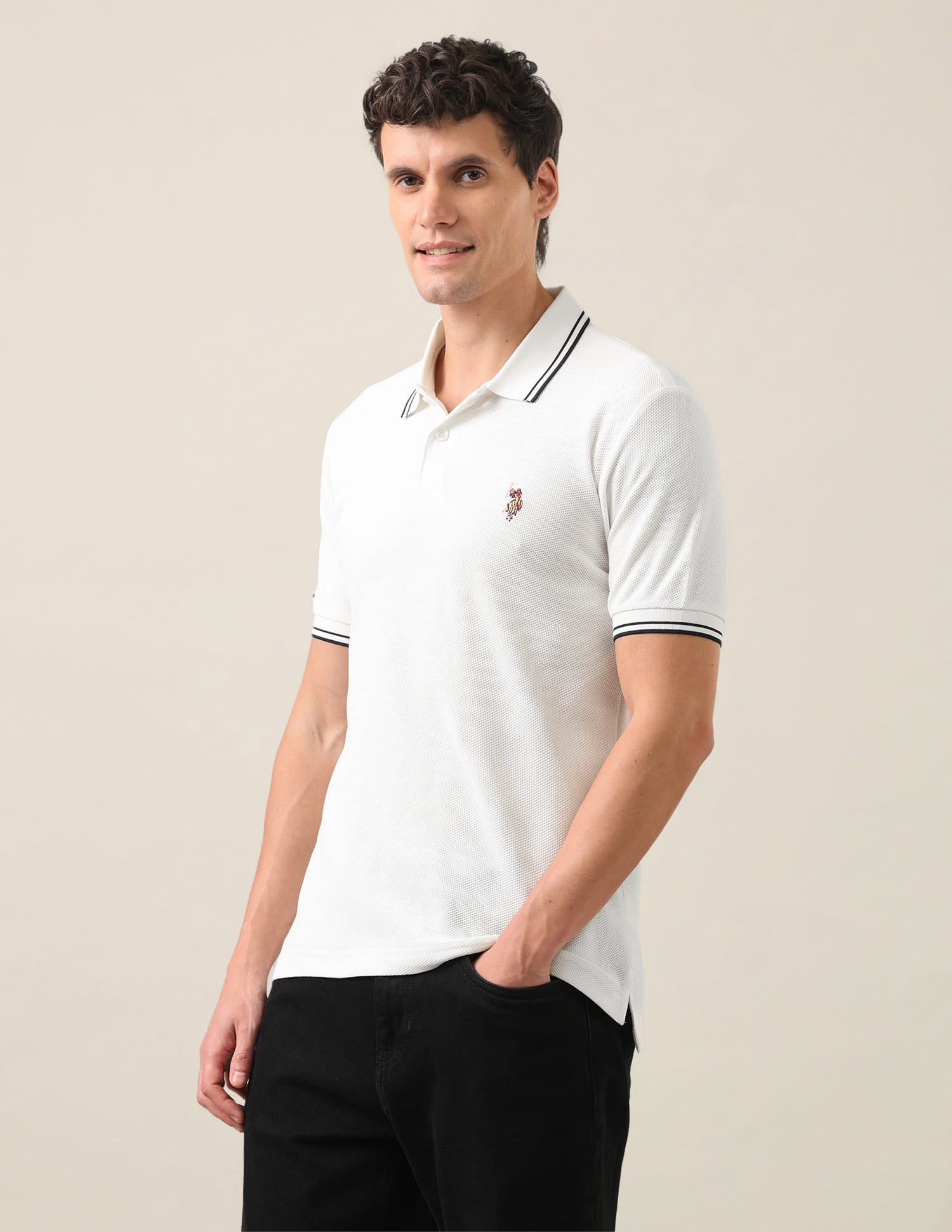 Solid Slim Fit Polo Shirt Ivory - U.S. Polo Assn. India | Large