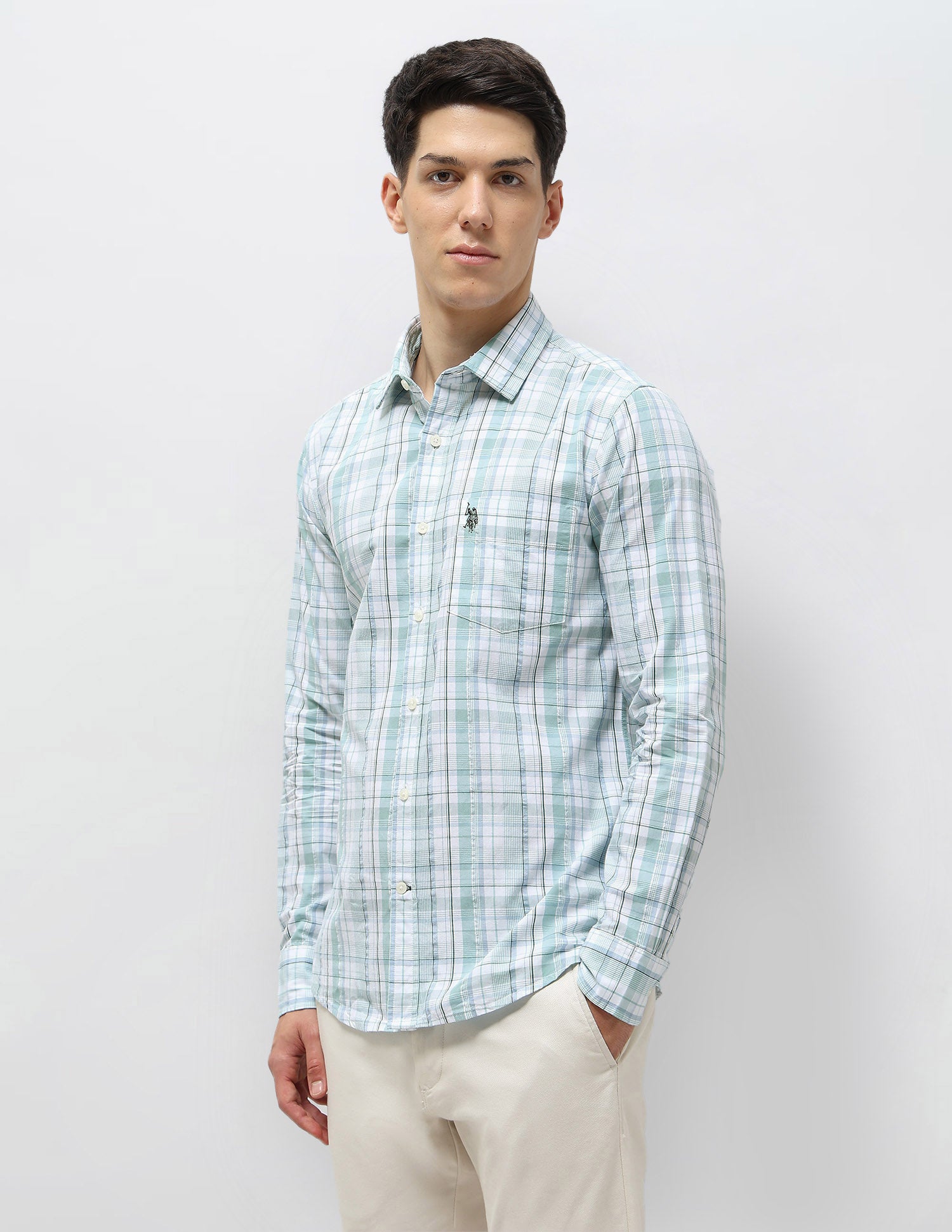 Tartan Checked Seersucker Shirt Light Green - U.S. Polo Assn. India | Large
