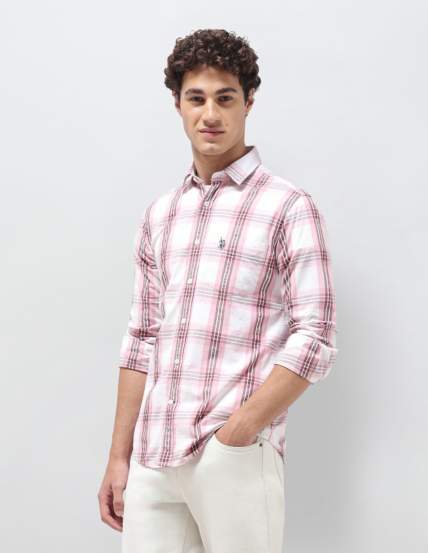 Tailored Fit Seersucker Shirt Peach - U.S. Polo Assn. India | Large