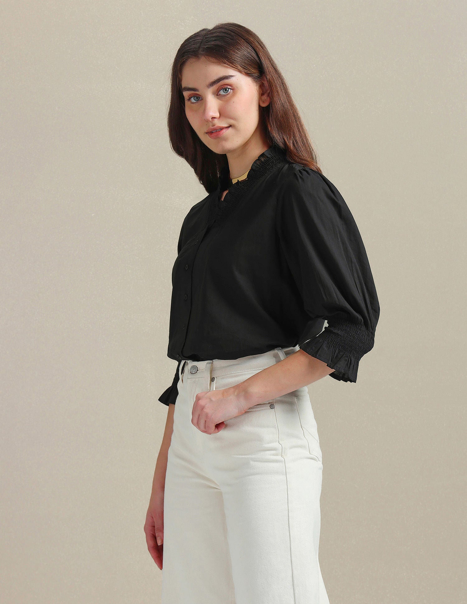 Ruffled V-Neck Cotton Top Off-White - U.S. POLO ASSN. | Large