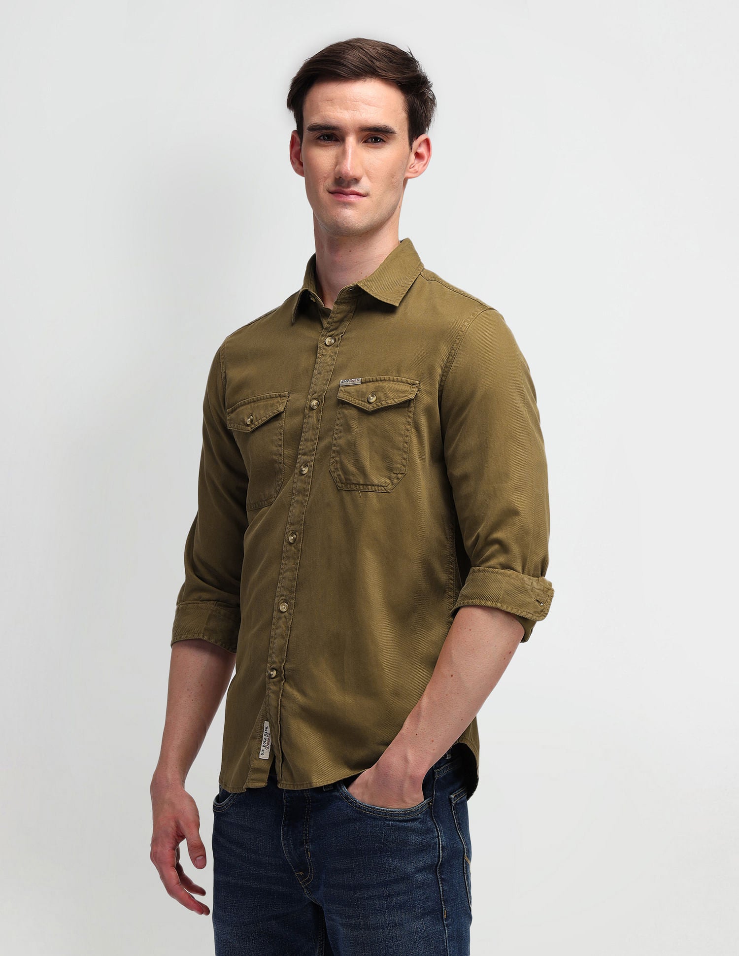 Solid Slim Fit Shirt Khaki - U.S. Polo Assn. India | Large