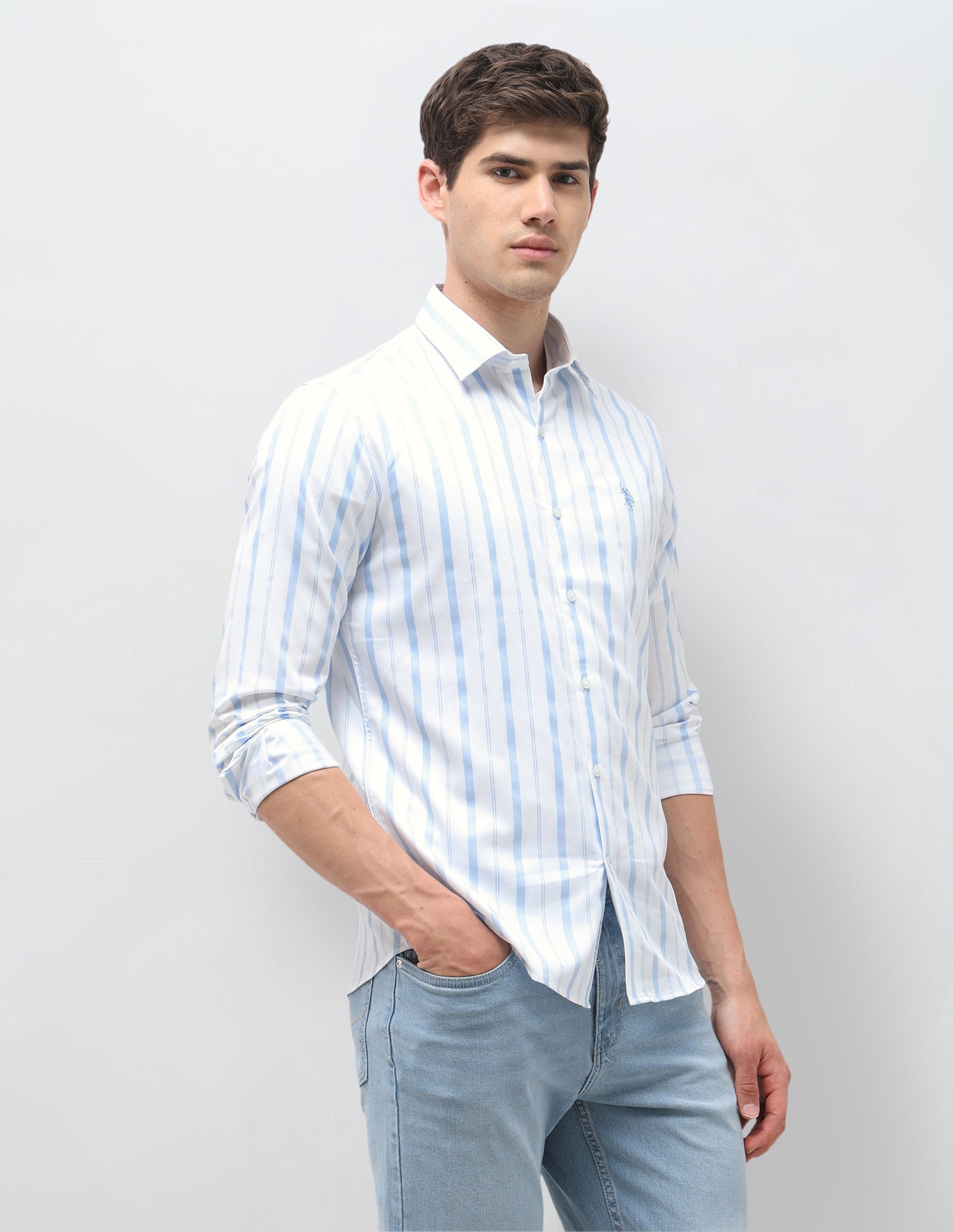 Tailored Fit Vertical Striped Shirt Light Blue - U.S. Polo Assn. India | Large