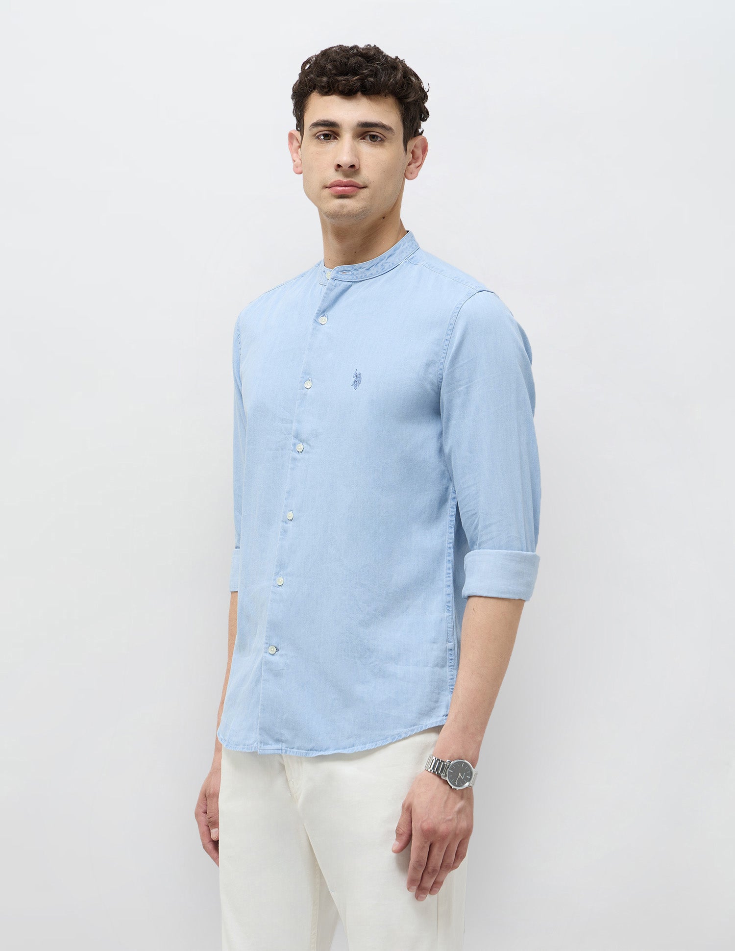 Twill Slim Fit Mandarin Shirt Light Indigo - U.S. POLO ASSN. | Large