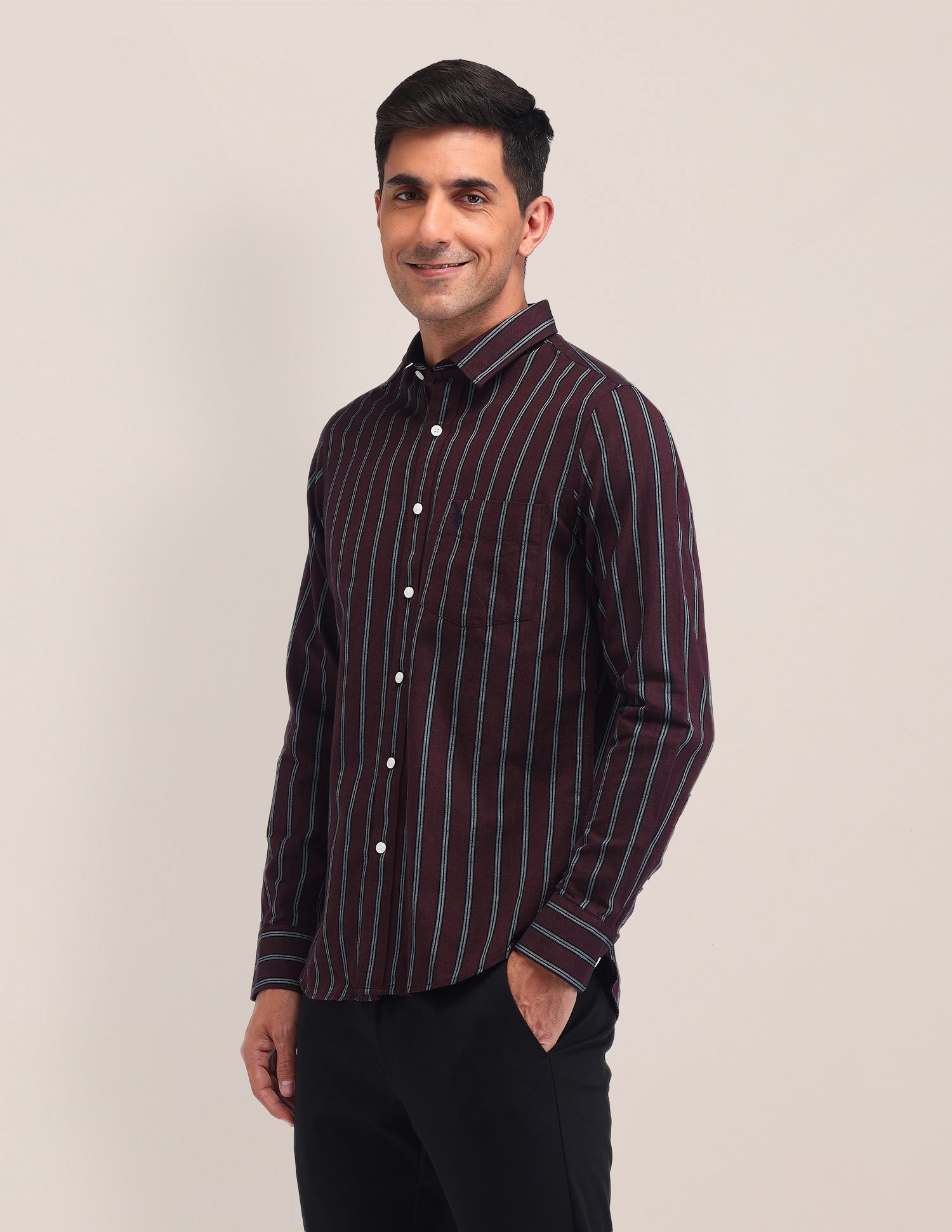 Vertical Striped Tailored Fit Shirt Wine - U.S. Polo Assn. India | Large