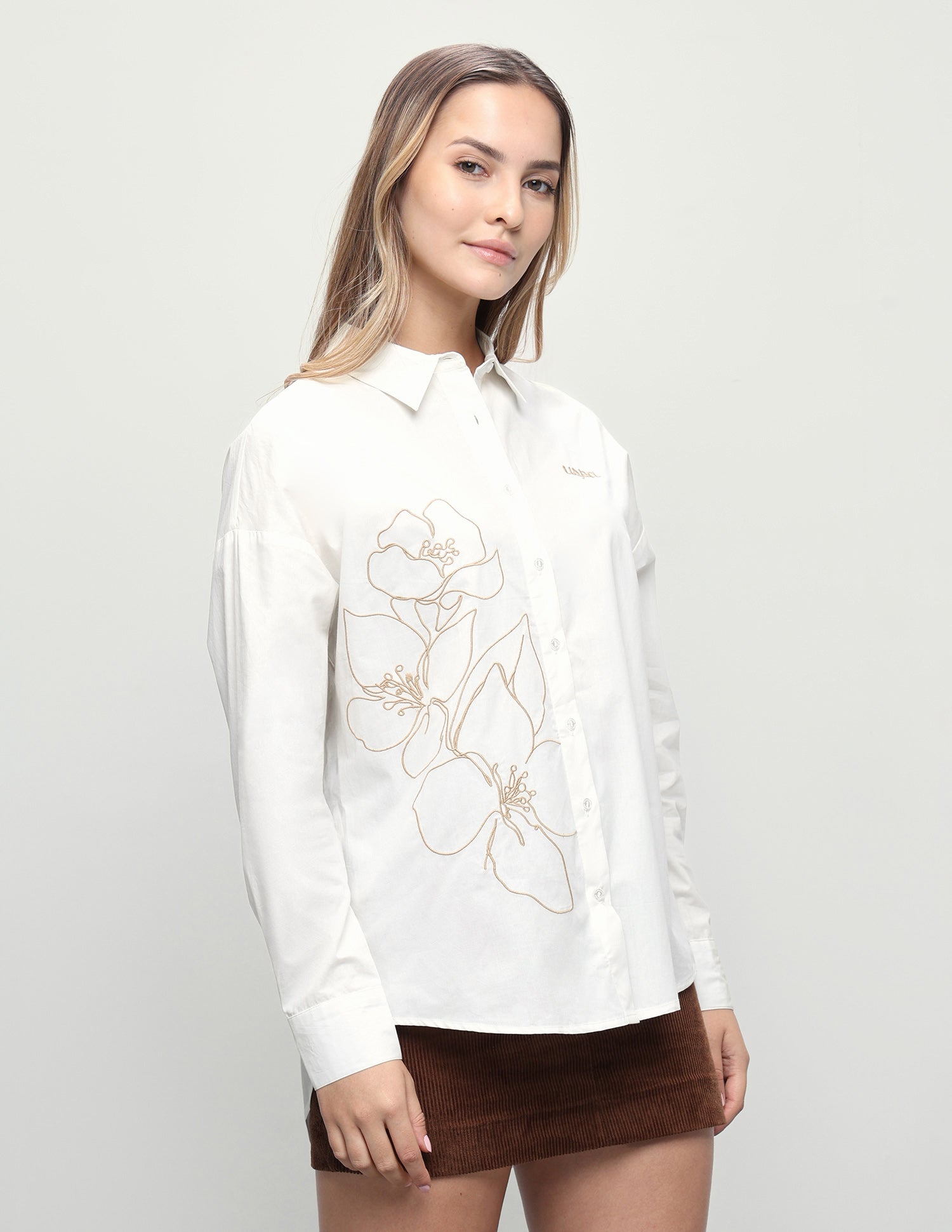Floral Embroidered Oversized Fit Shirt Off White - U.S. Polo Assn. India | Large