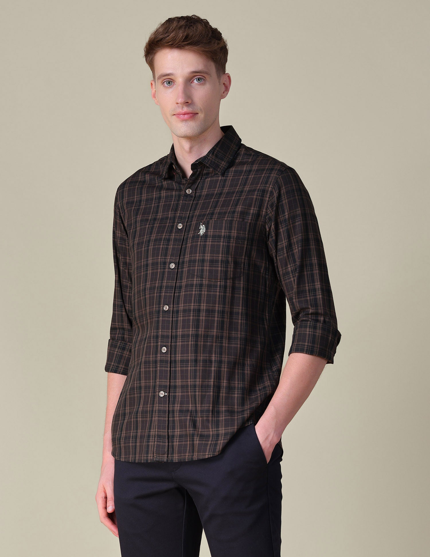 Tartan Checked Tailored Fit Shirt Brown - U.S. POLO ASSN. | Large