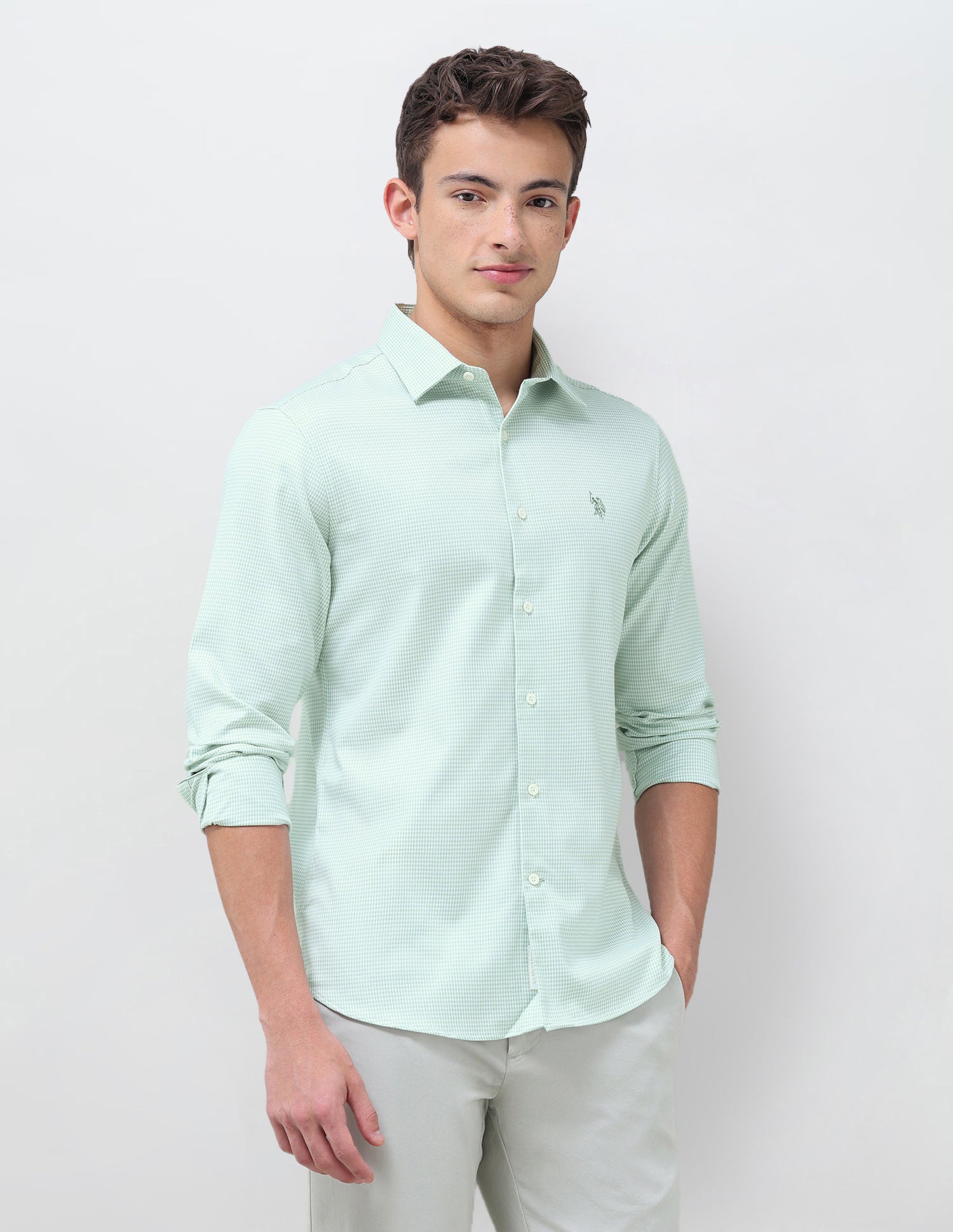 Tailored Fit Micro Checked Shirt Light Green - U.S. Polo Assn. India | Large