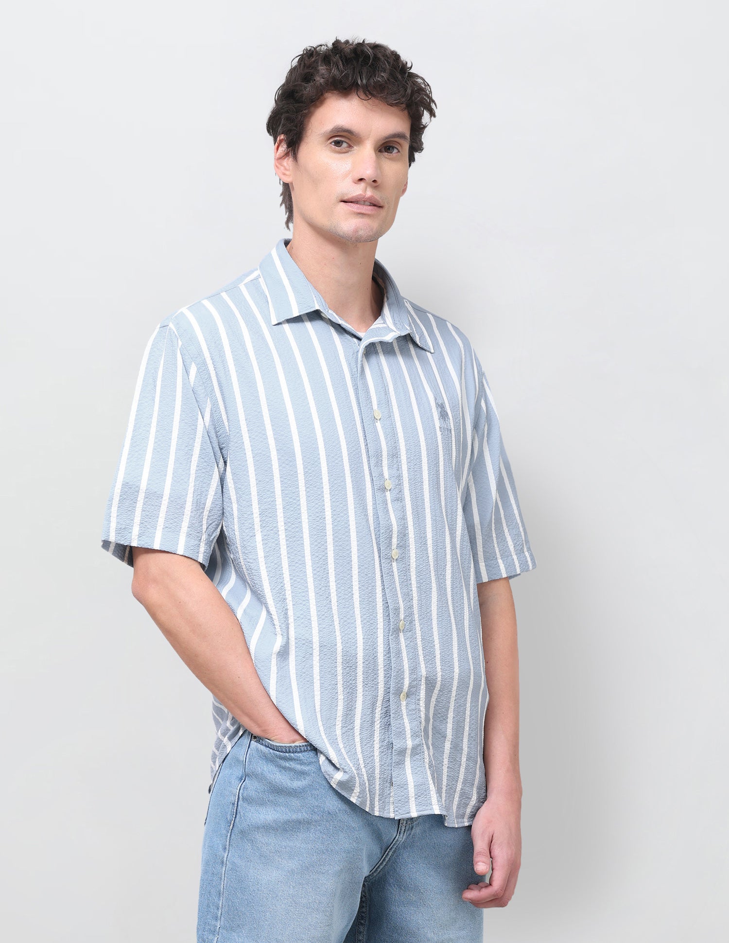 Vertical Striped Seersucker Shirt Light Blue - U.S. Polo Assn. India | Large