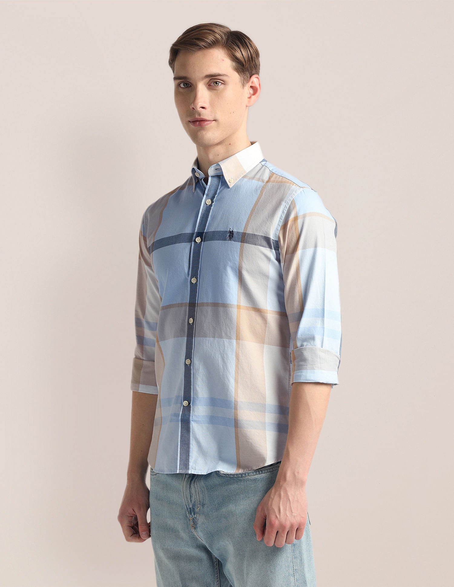 Plaid Check Pinpoint Oxford Shirt Blue - U.S. Polo Assn. India | Large