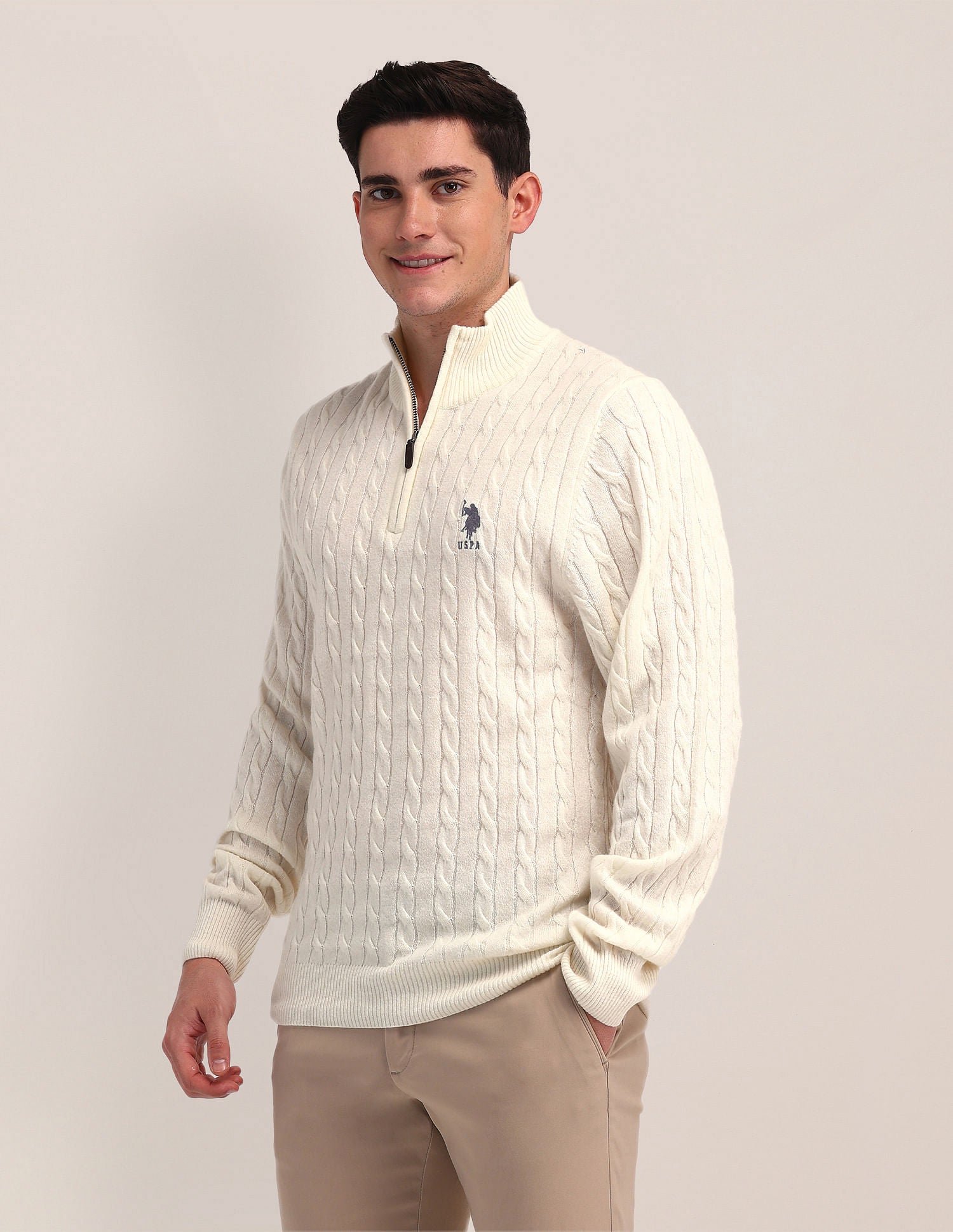 High Neck Zipper Sweater Off White - U.S. Polo Assn. India | Large