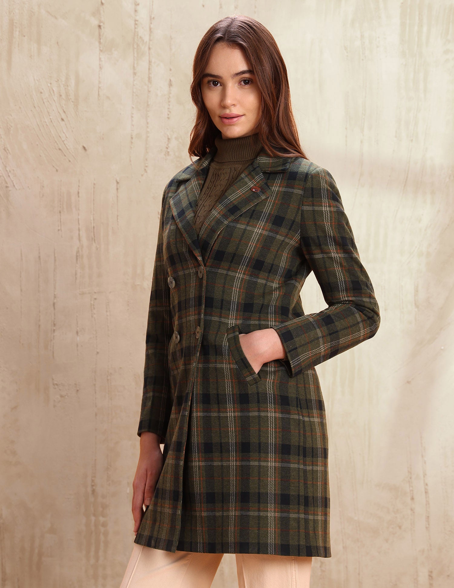 Checked Regular Fit Notch Lapel Overcoat Green - U.S. POLO ASSN. | Large