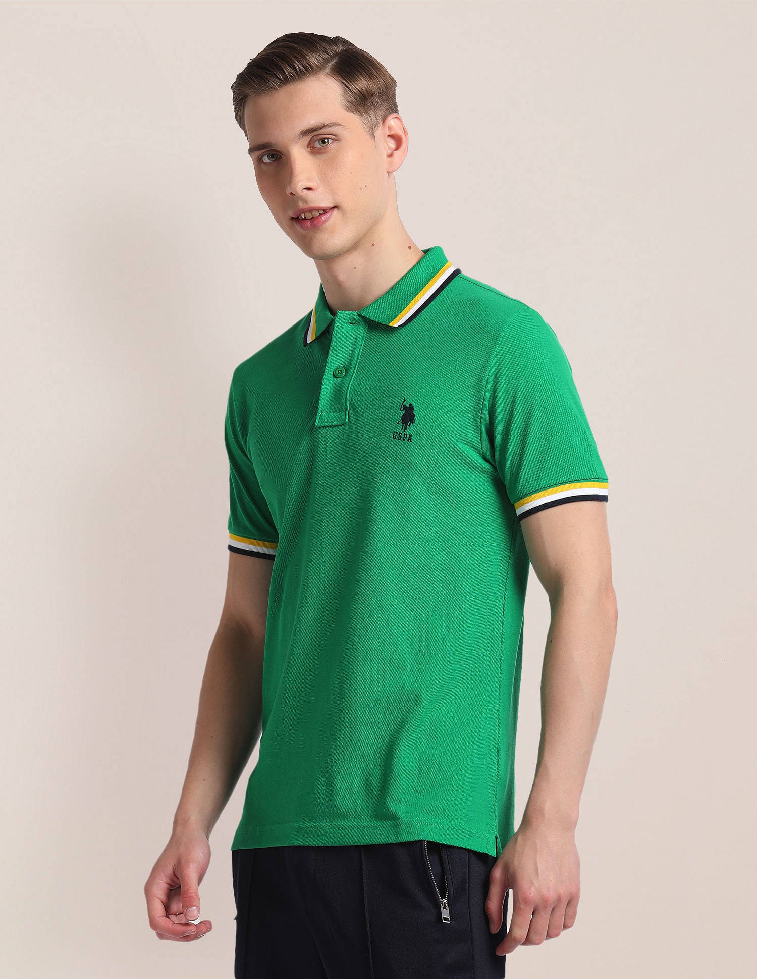 Striped Collar Slim Polo Shirt Green - U.S. Polo Assn. India | Large