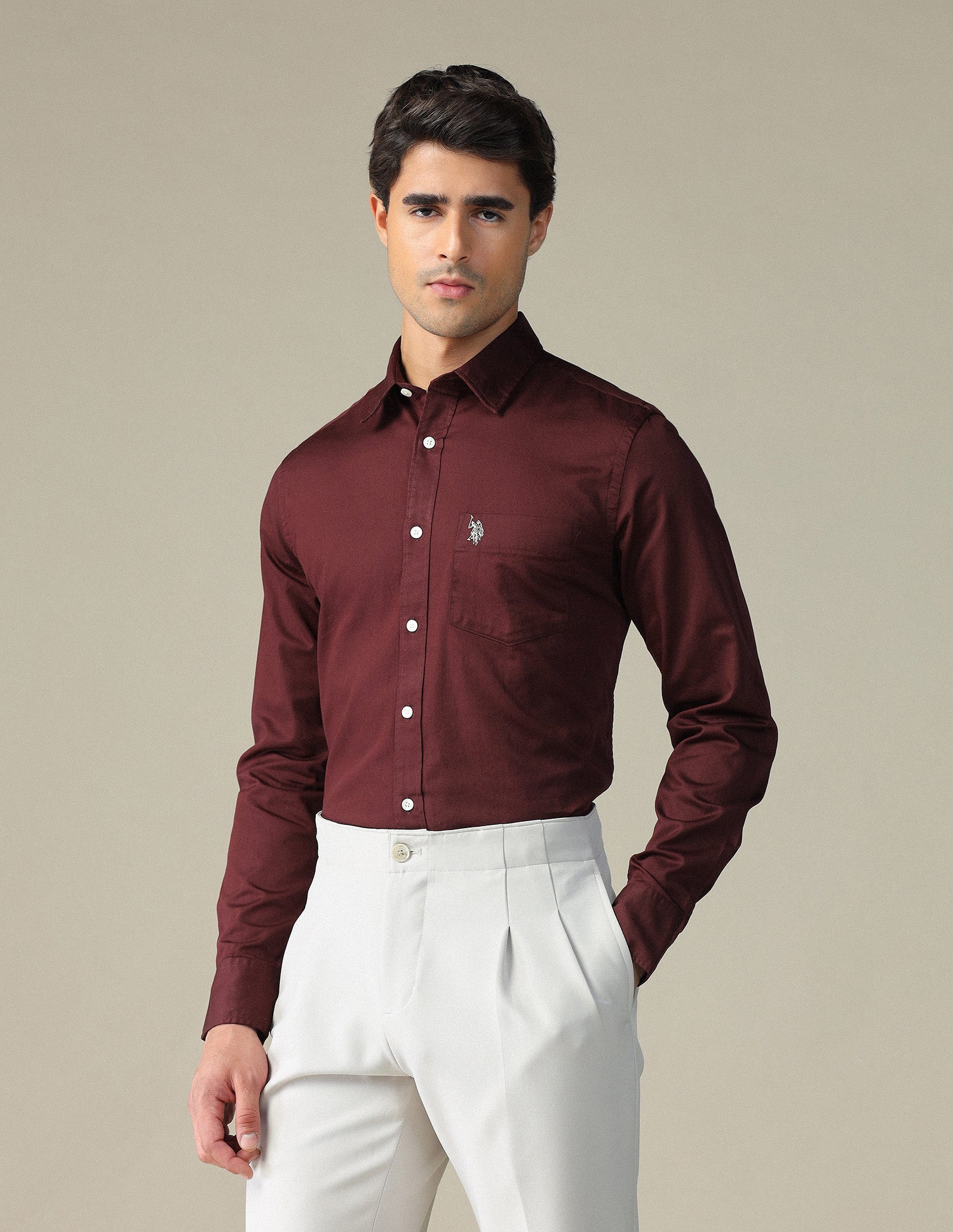 Pure Cotton Tailored Fit Shirt Maroon - U.S. POLO ASSN. | Large