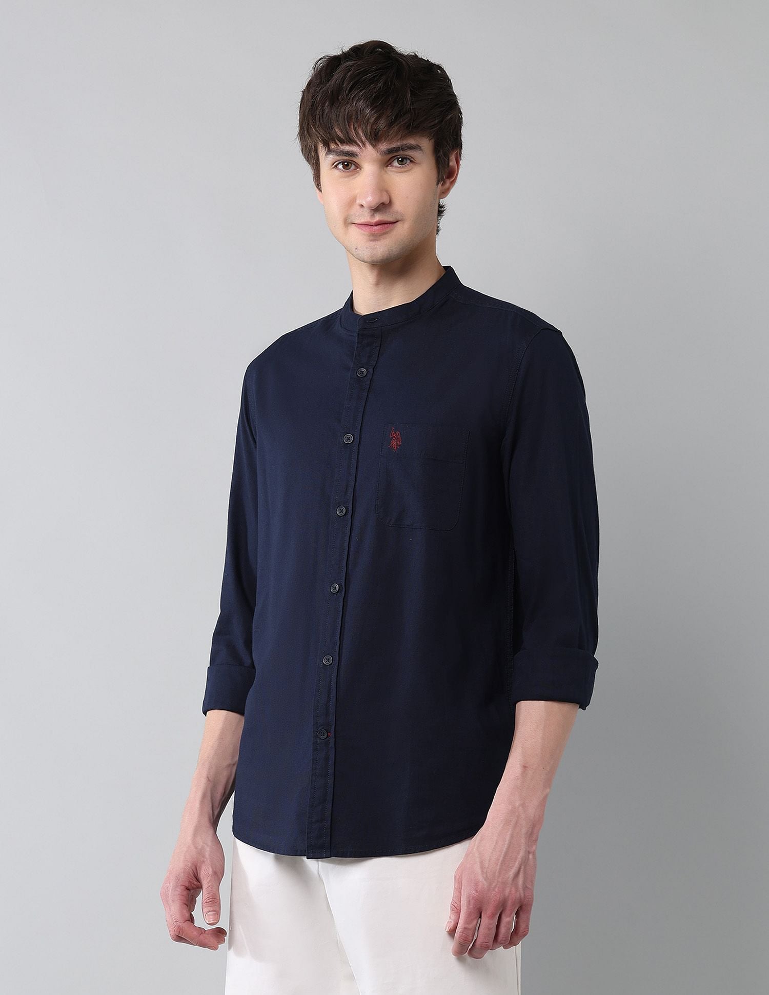Solid Slub Mandarin Collar Shirt Navy - U.S. Polo Assn. India | Large