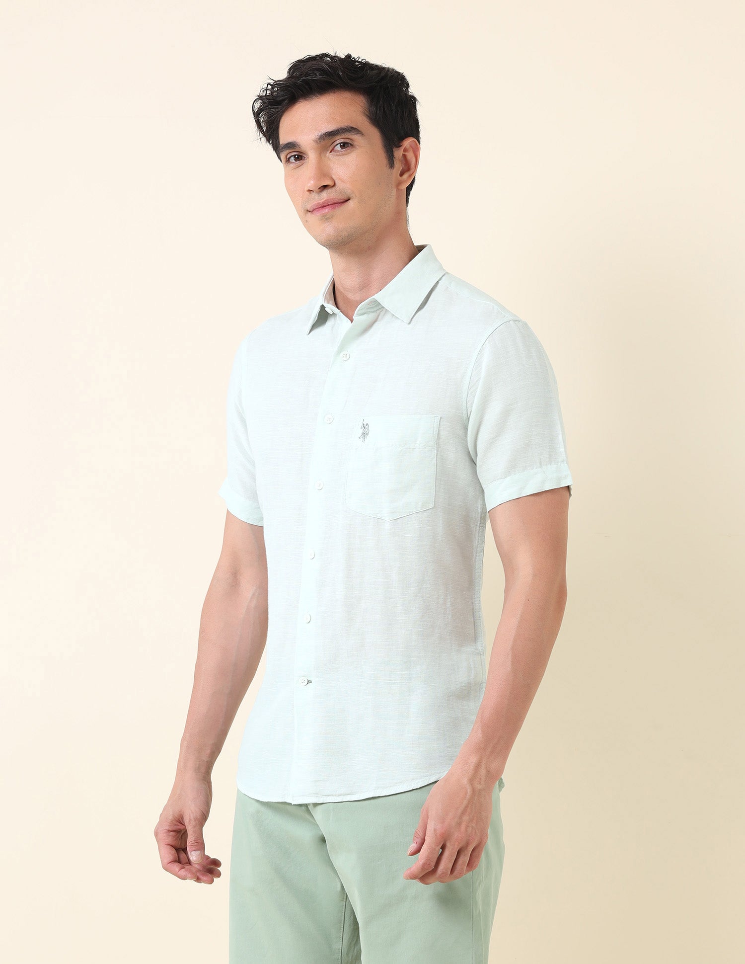 Tailored Fit Textured Shirt Light Green - U.S. Polo Assn. India | Large