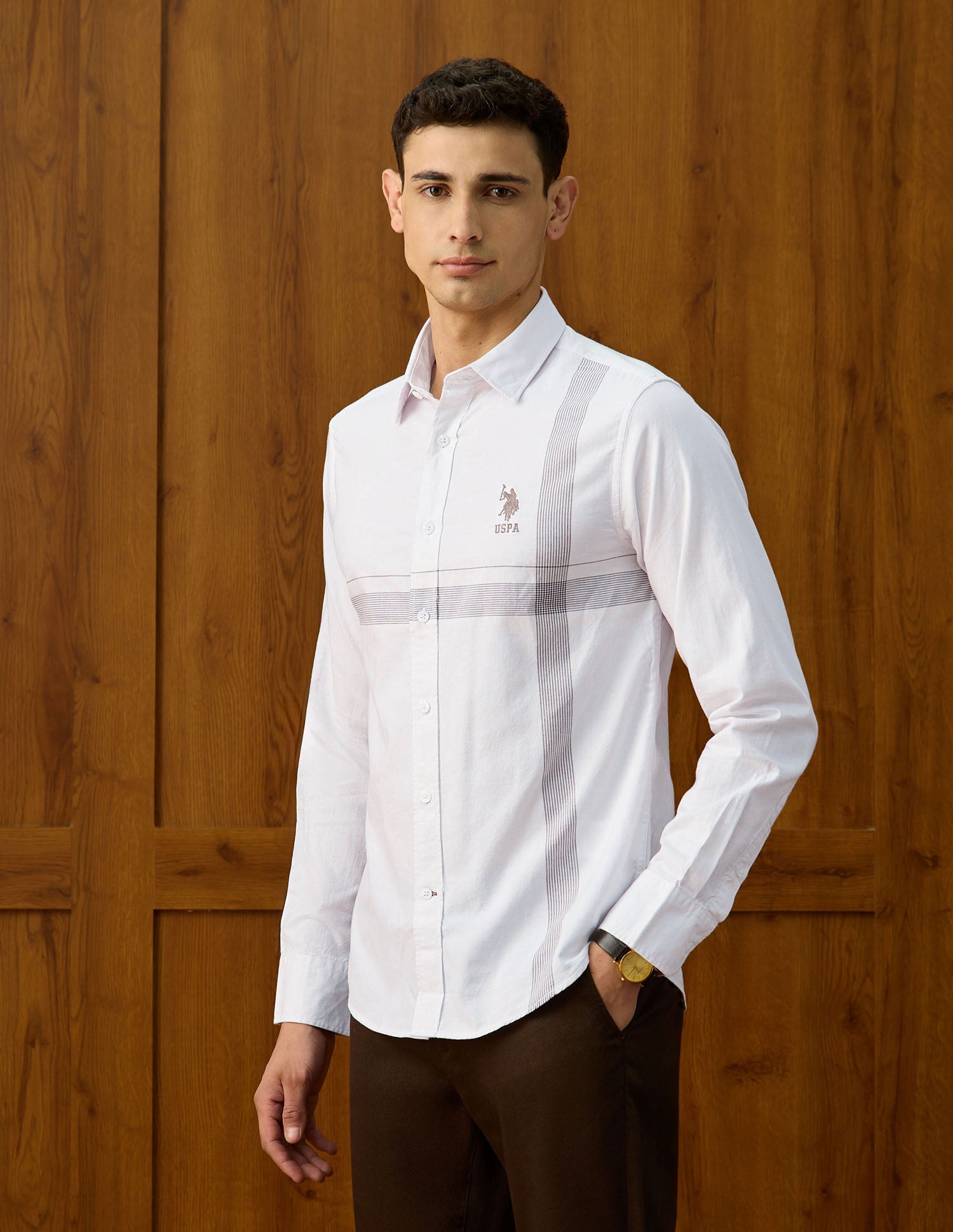 Vertical Striped Equestrian Aisle Theater Shirt White - U.S. POLO ASSN. | Large