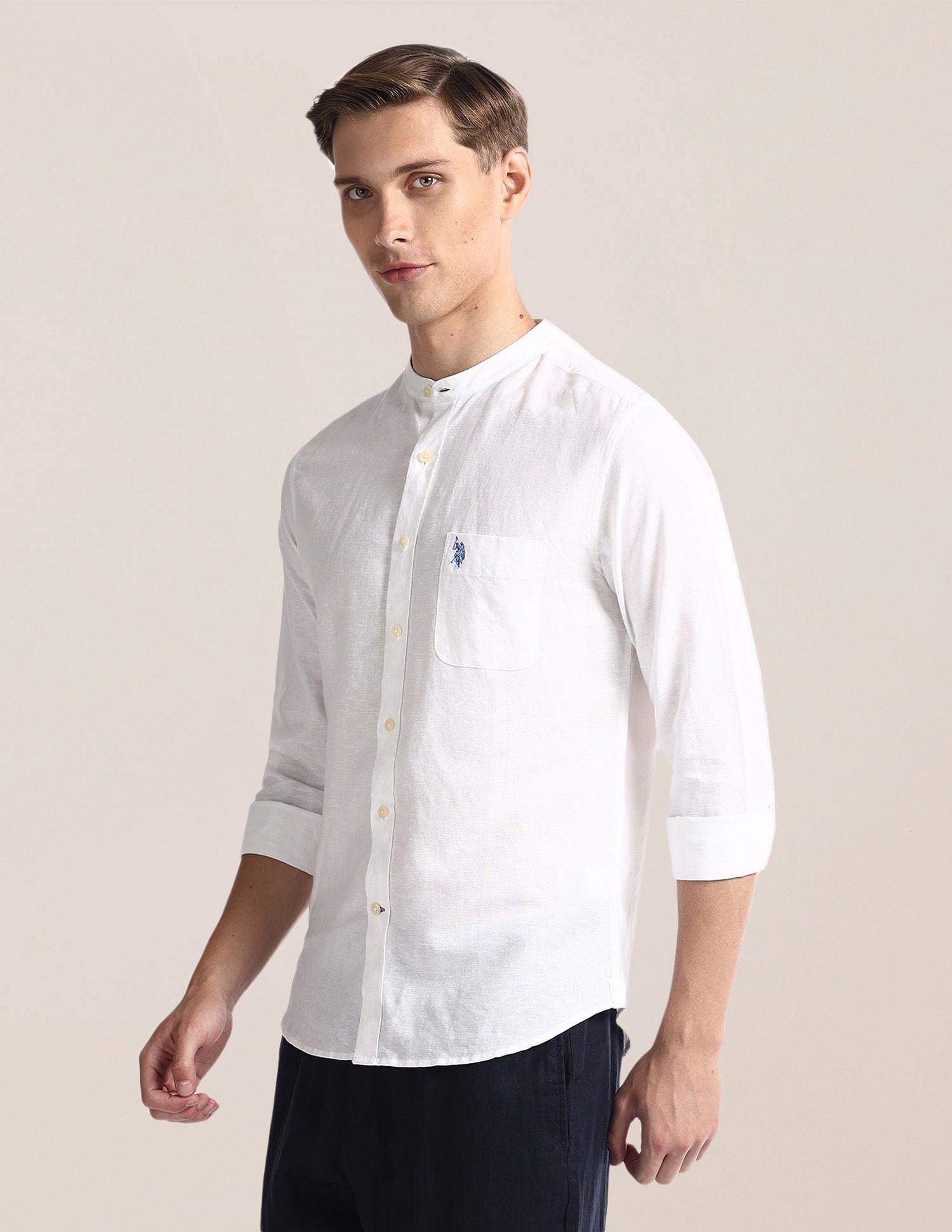 Mandarin Collar Linen Blend Shirt White - U.S. Polo Assn. India | Large