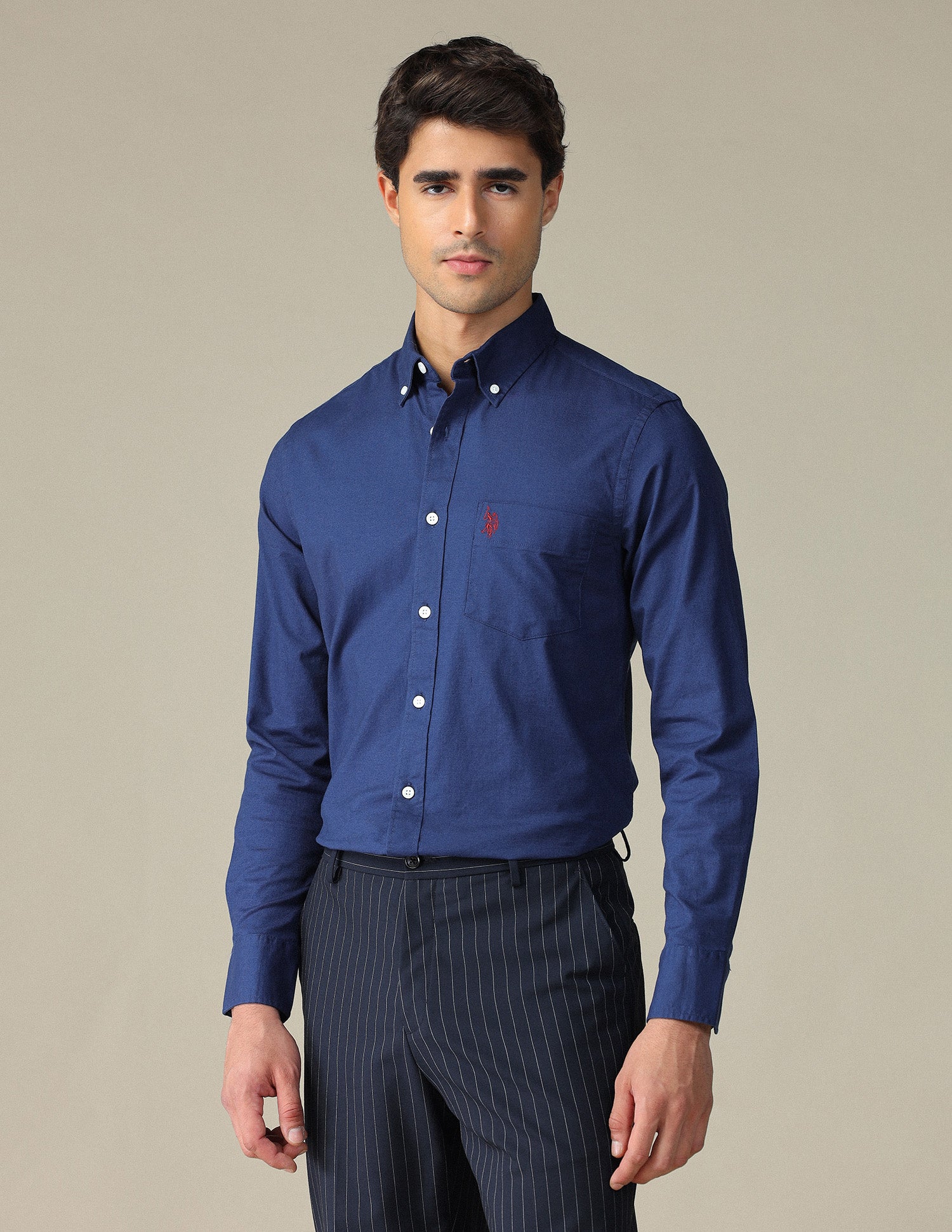 Tailored Fit Dobby Button Down Shirt Mid Blue - U.S. POLO ASSN. | Large