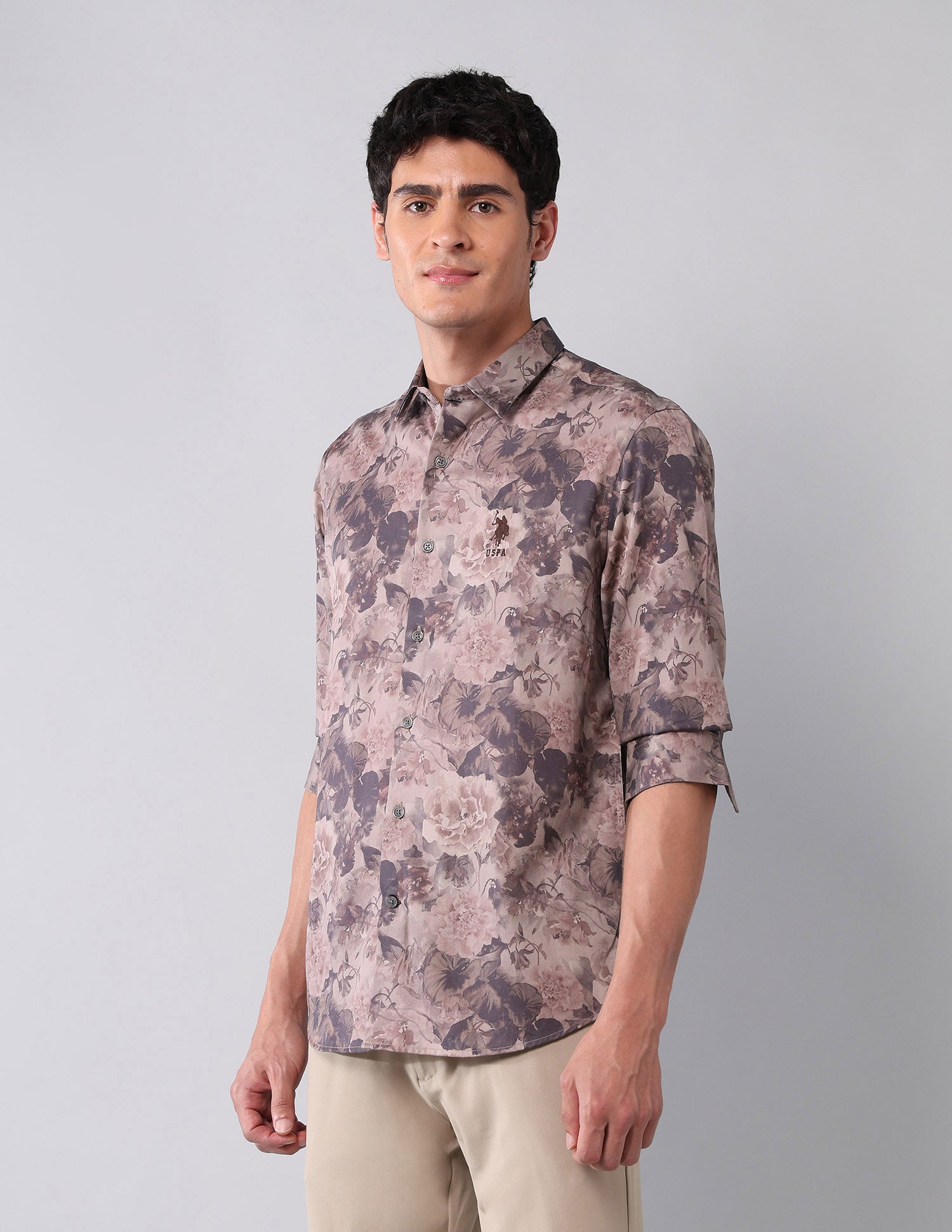 Floral Printed Pure Cotton Shirt Mauve - U.S. Polo Assn. India | Large