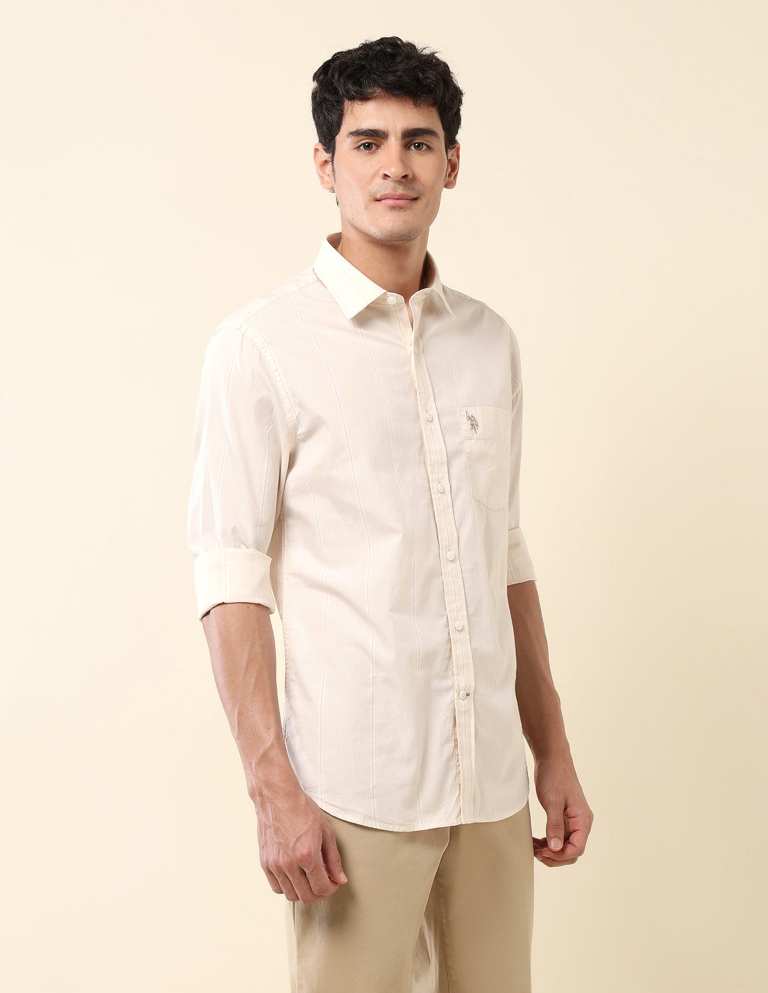 Pinstriped Pure Cotton Shirt Beige - U.S. Polo Assn. India | Large