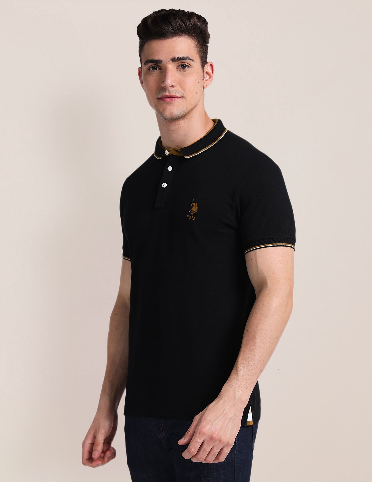 Slim Fit Solid Polo Shirt Black - U.S. Polo Assn. India | Large