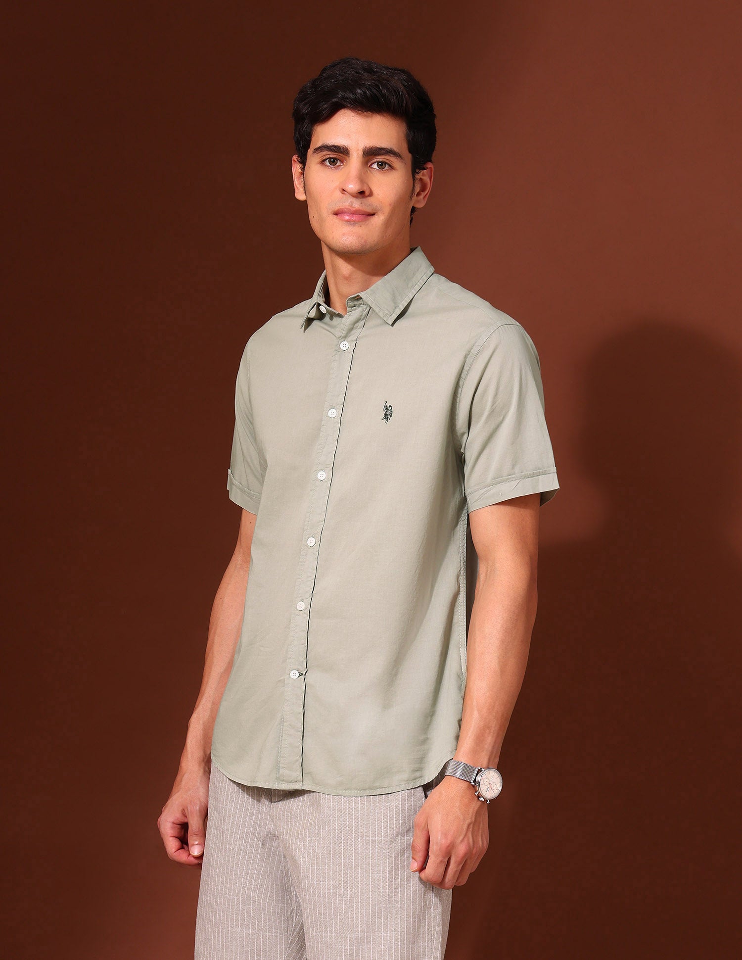 Tailored Fit Pure Cotton Poplin Shirt Green - U.S. Polo Assn. India | Large