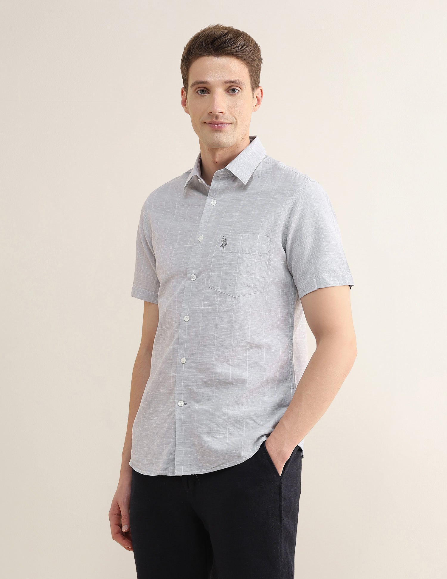 Windowpane Checked Regular Fit Shirt Light Grey - U.S. Polo Assn. India | Large