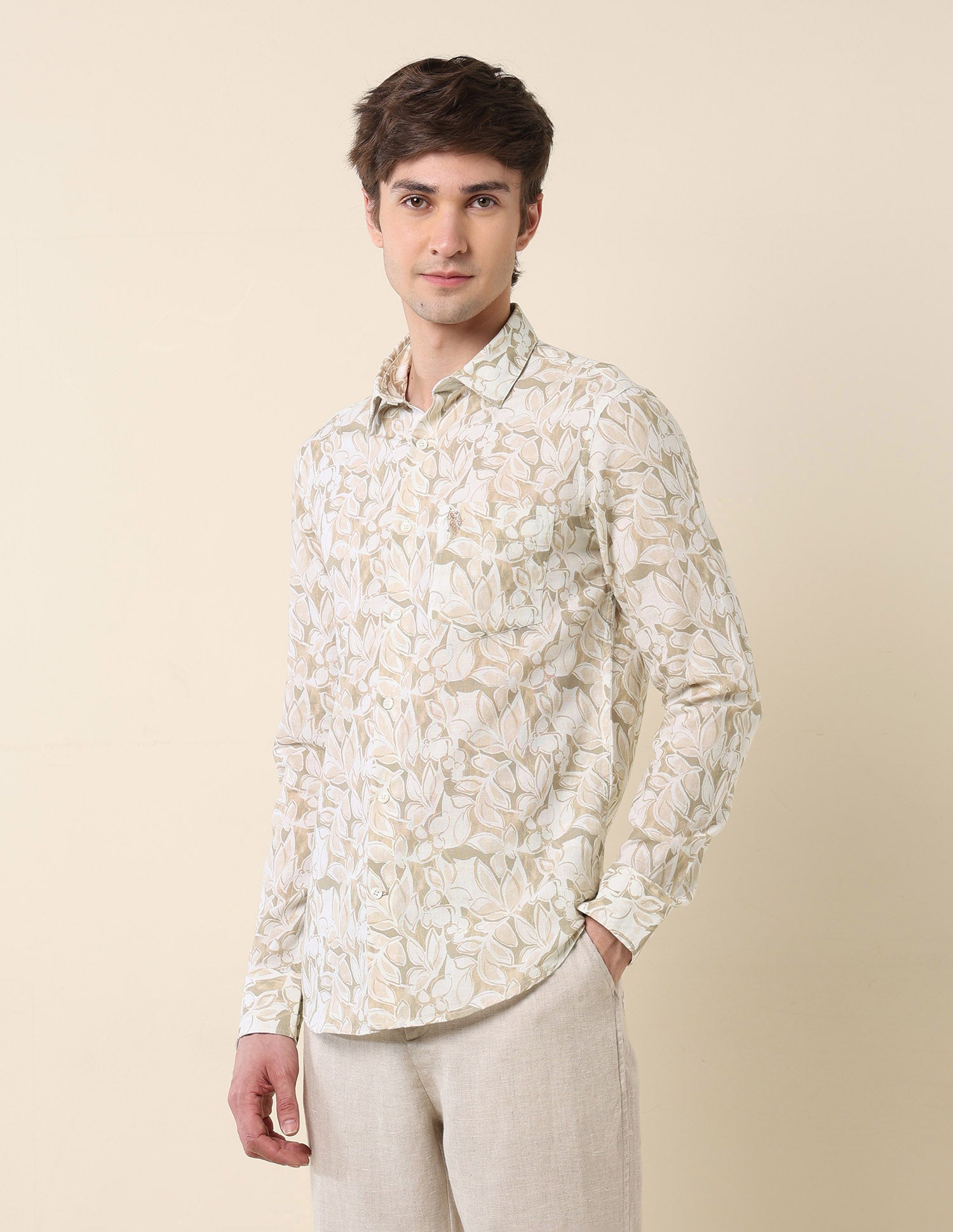 Tropical Printed Tailored Fit Shirt Light Olive - U.S. Polo Assn. India | Large