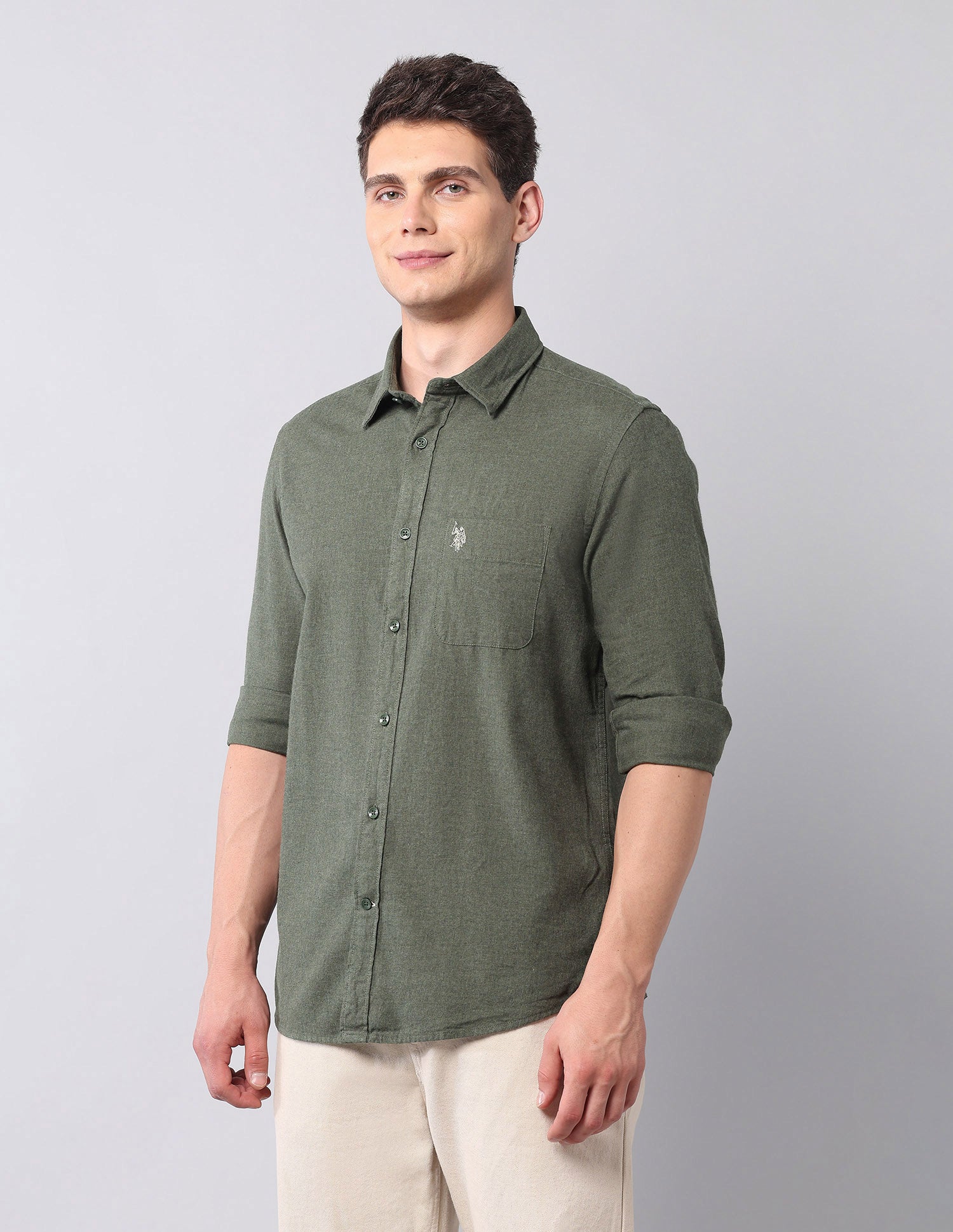 Regular Fit Pure Cotton Shirt Olive - U.S. Polo Assn. India | Large