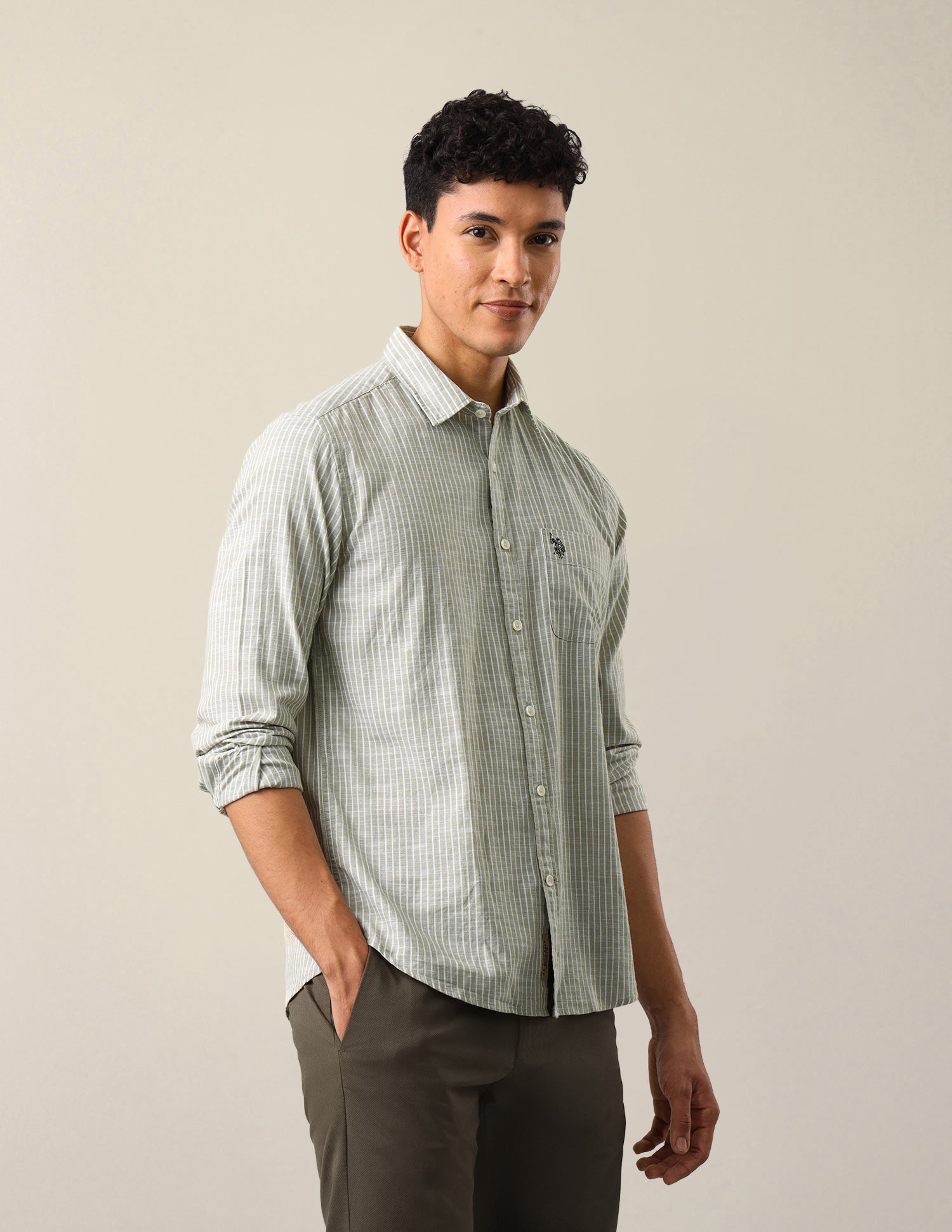 Vertical Striped Regular Fit Shirt Light Green - U.S. Polo Assn. India | Large