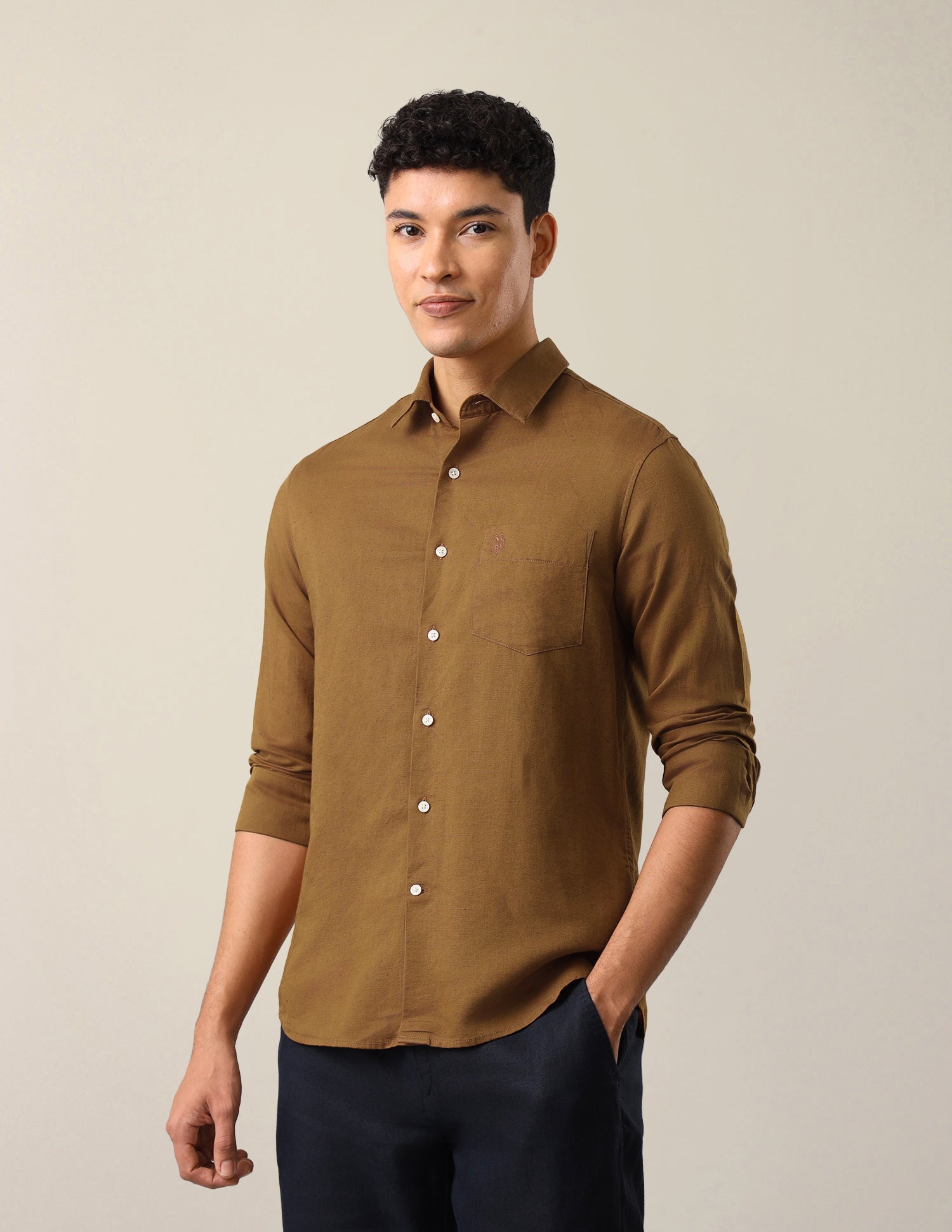 Solid Tailored Fit Shirt Khaki - U.S. Polo Assn. India | Large