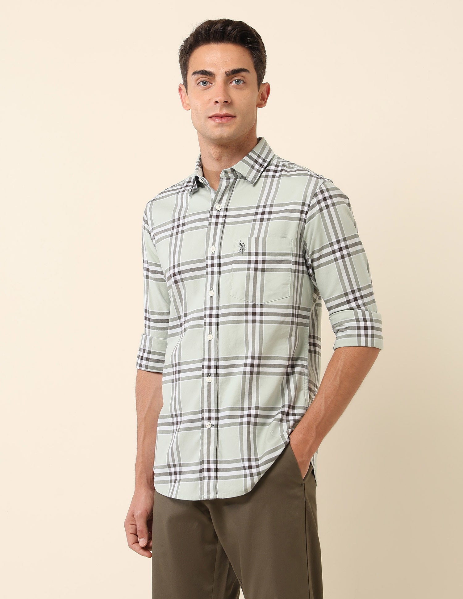 Pure Cotton Tartan Checked Shirt Light Green - U.S. Polo Assn. India | Large