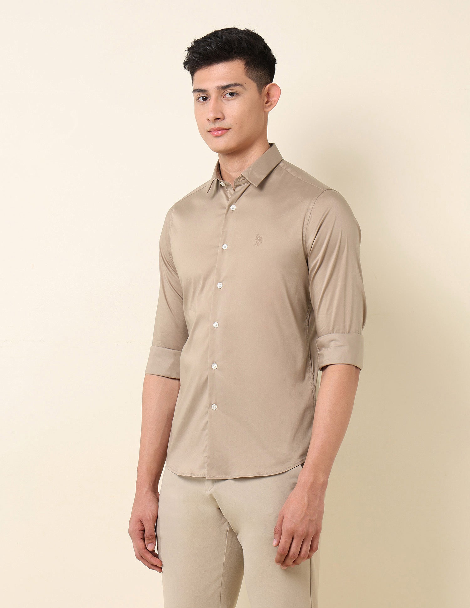 Tailored Fit Solid Shirt Khaki - U.S. Polo Assn. India | Large