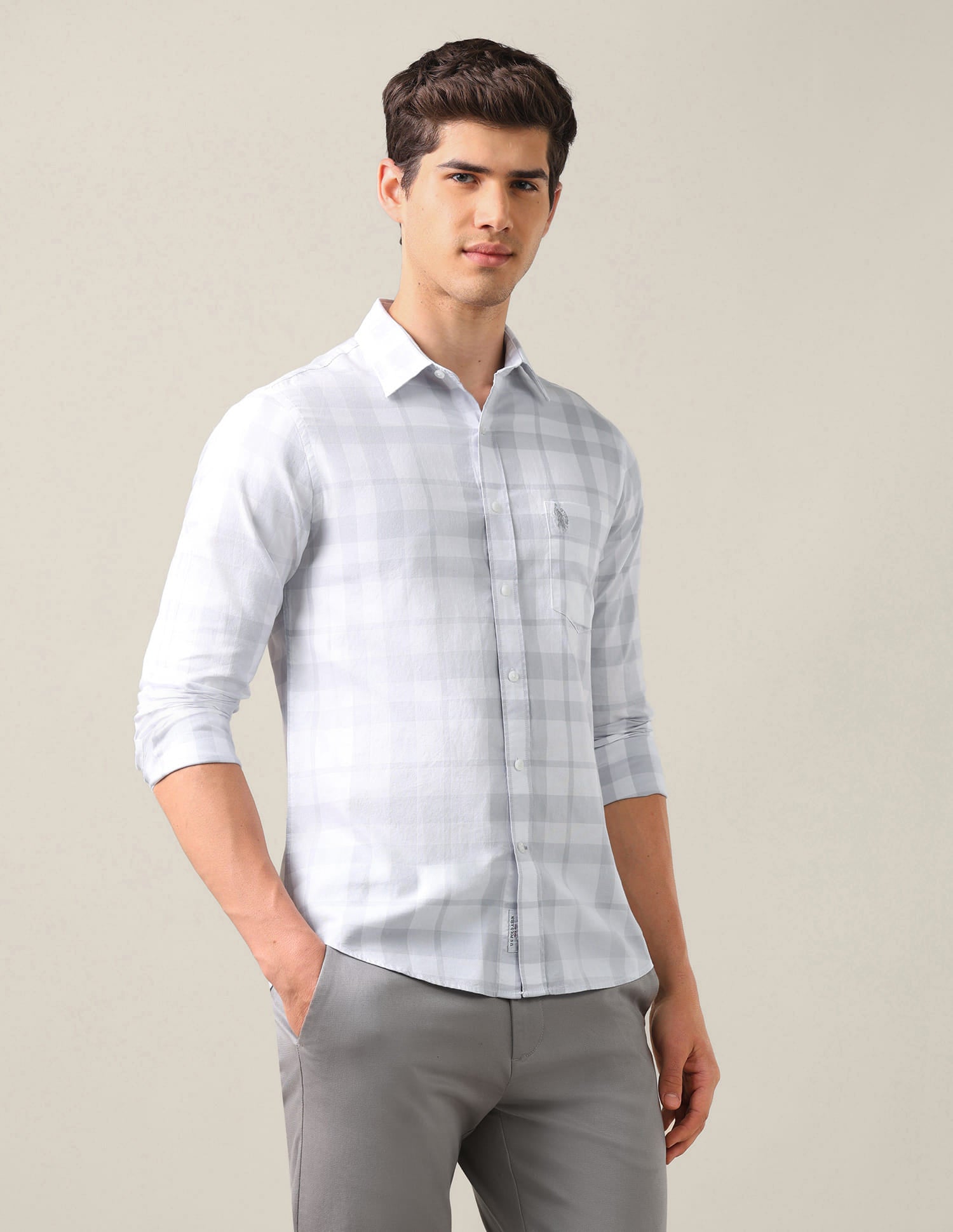 Grid Tattersall Checked Tailored Fit Shirt Grey - U.S. Polo Assn. India | Large