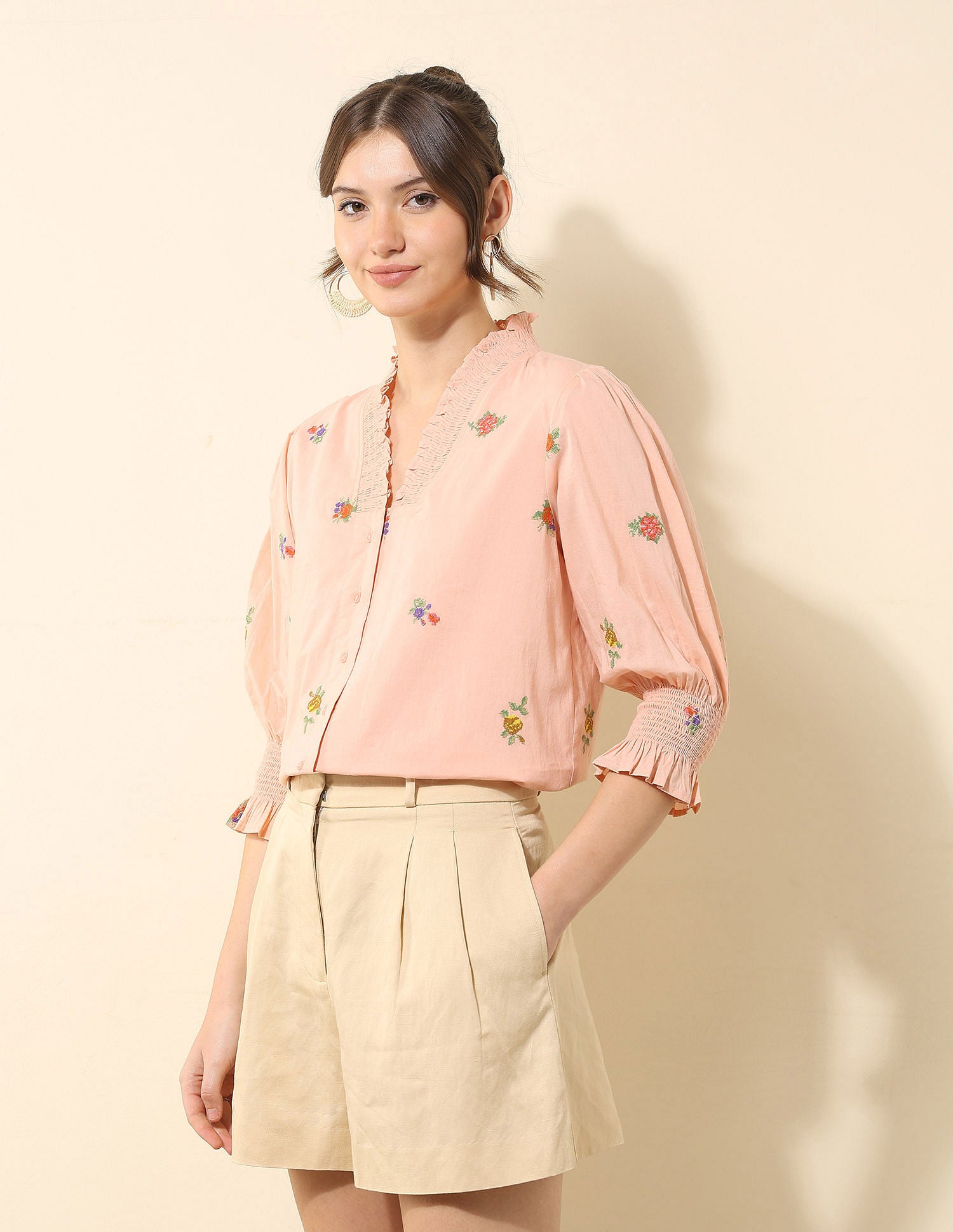 Floral Embroidered Ruffle Top Peach - U.S. POLO ASSN. | Large