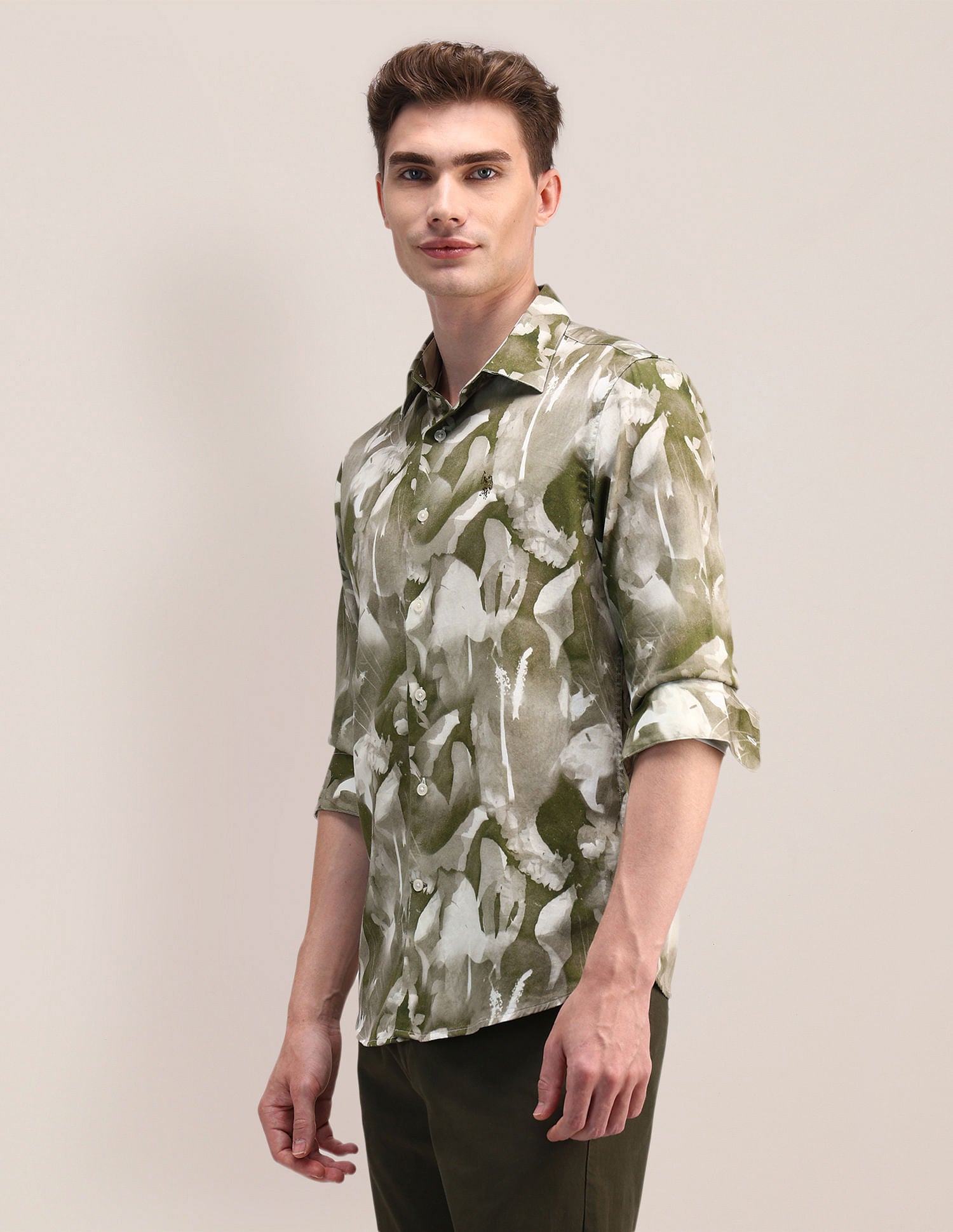 Regular Abstract Satin Shirt Olive - U.S. Polo Assn. India | Large